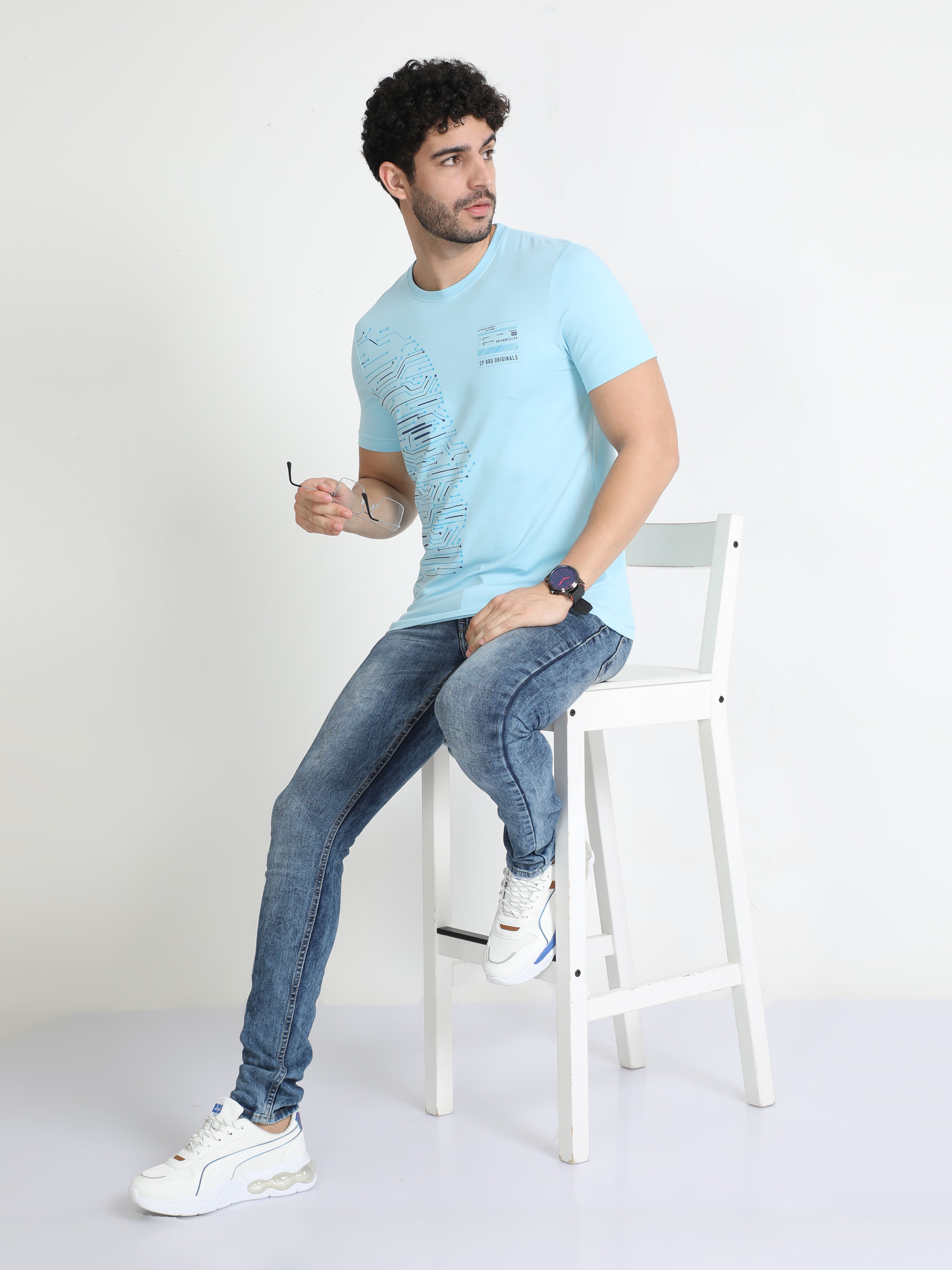 Classic Polo Mens Cotton Half Sleeves Printed Slim Fit Crew Neck Aqua Blue Color T-Shirt | Brcn - 551 B Sf C
