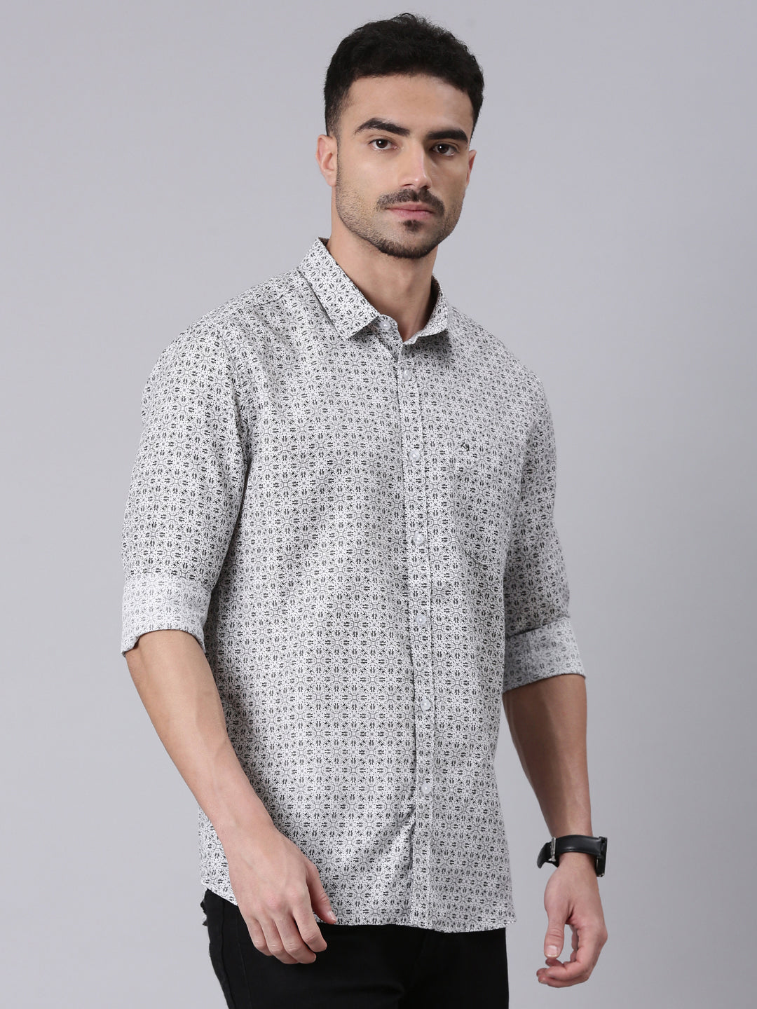 Classic Polo Men's White Polo Neck Printed Cotton Slim Fit Woven Shirt | SQ2-CL-82 A-FS-PRT-SF