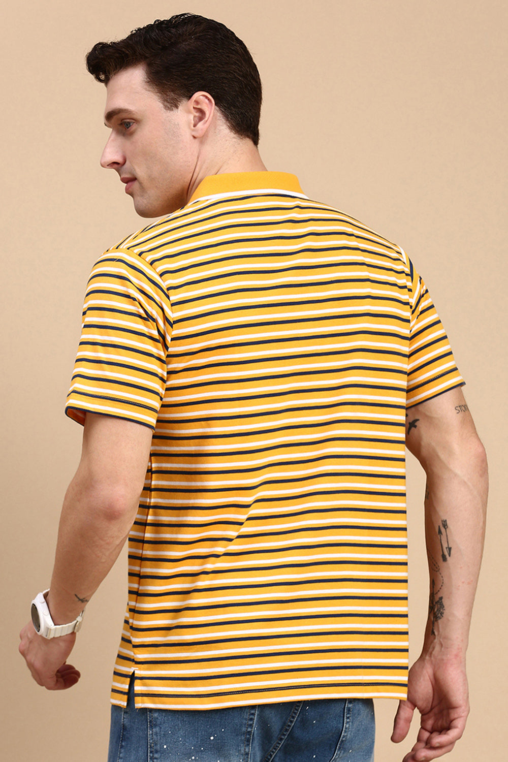 Classic Polo Men's Half Sleeve Yellow/Navy Polo Neck Authentic Fit Striped T-Shirt | FEEDERS - 259 B AF P