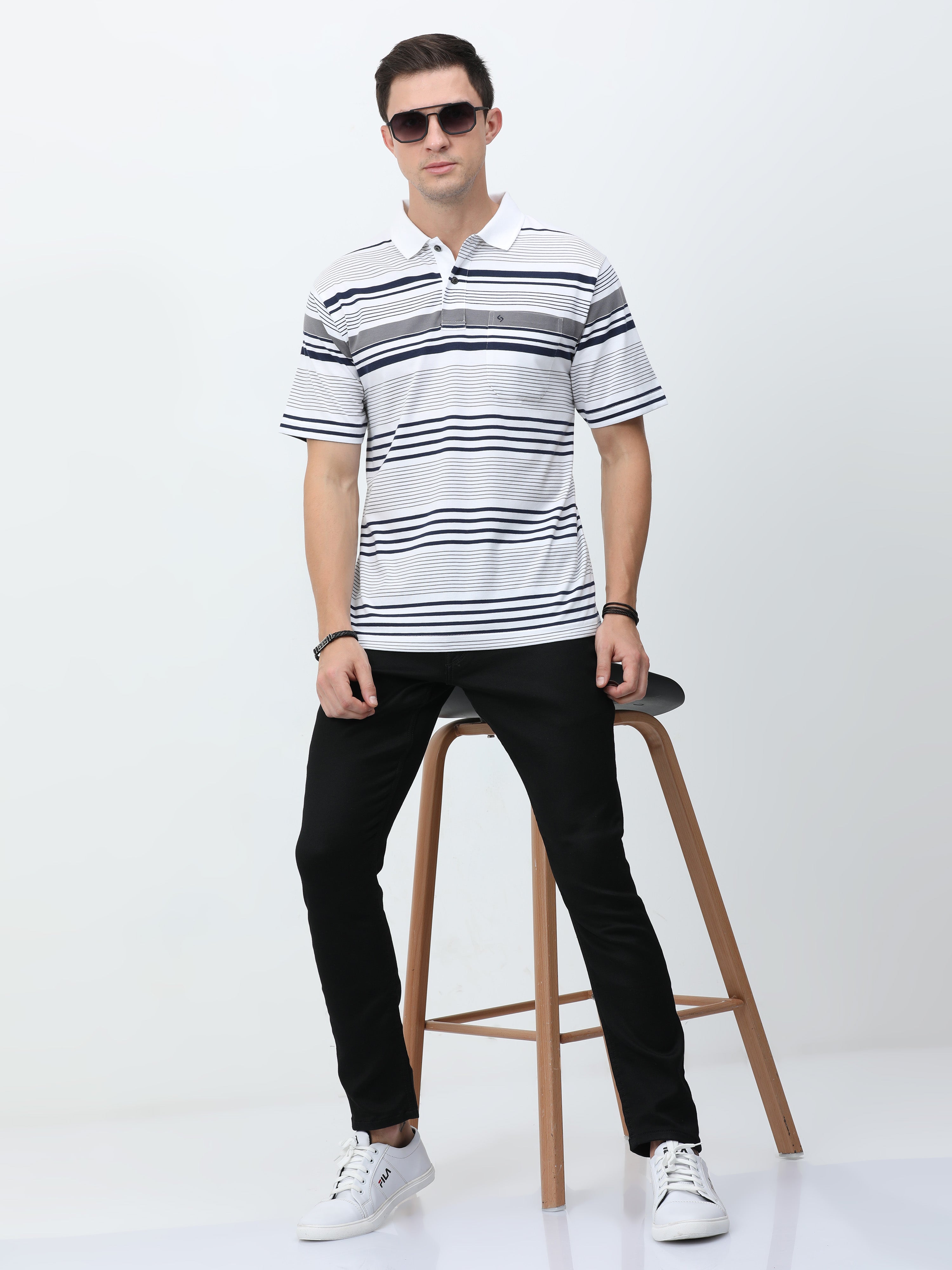 Classic Polo Mens Cotton Half Sleeves Striped Authentic Fit Polo Neck White Color T-Shirt | Avon - 549 A Af P