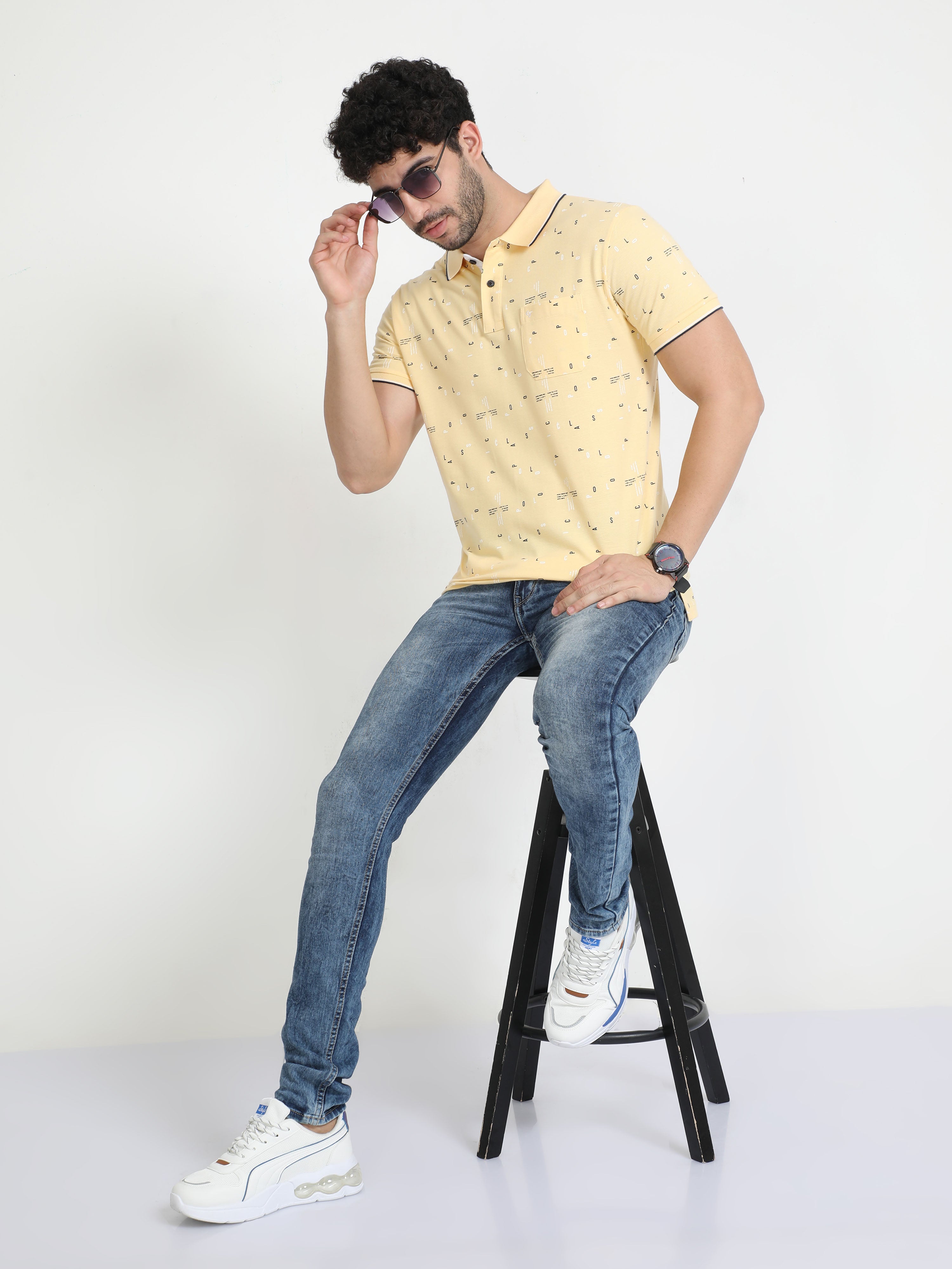 Classic Polo Mens Pure Cotton Half Sleeves Printed Slim Fit Polo Neck Yellow Color T-Shirt | Beau - 212 B Sf P