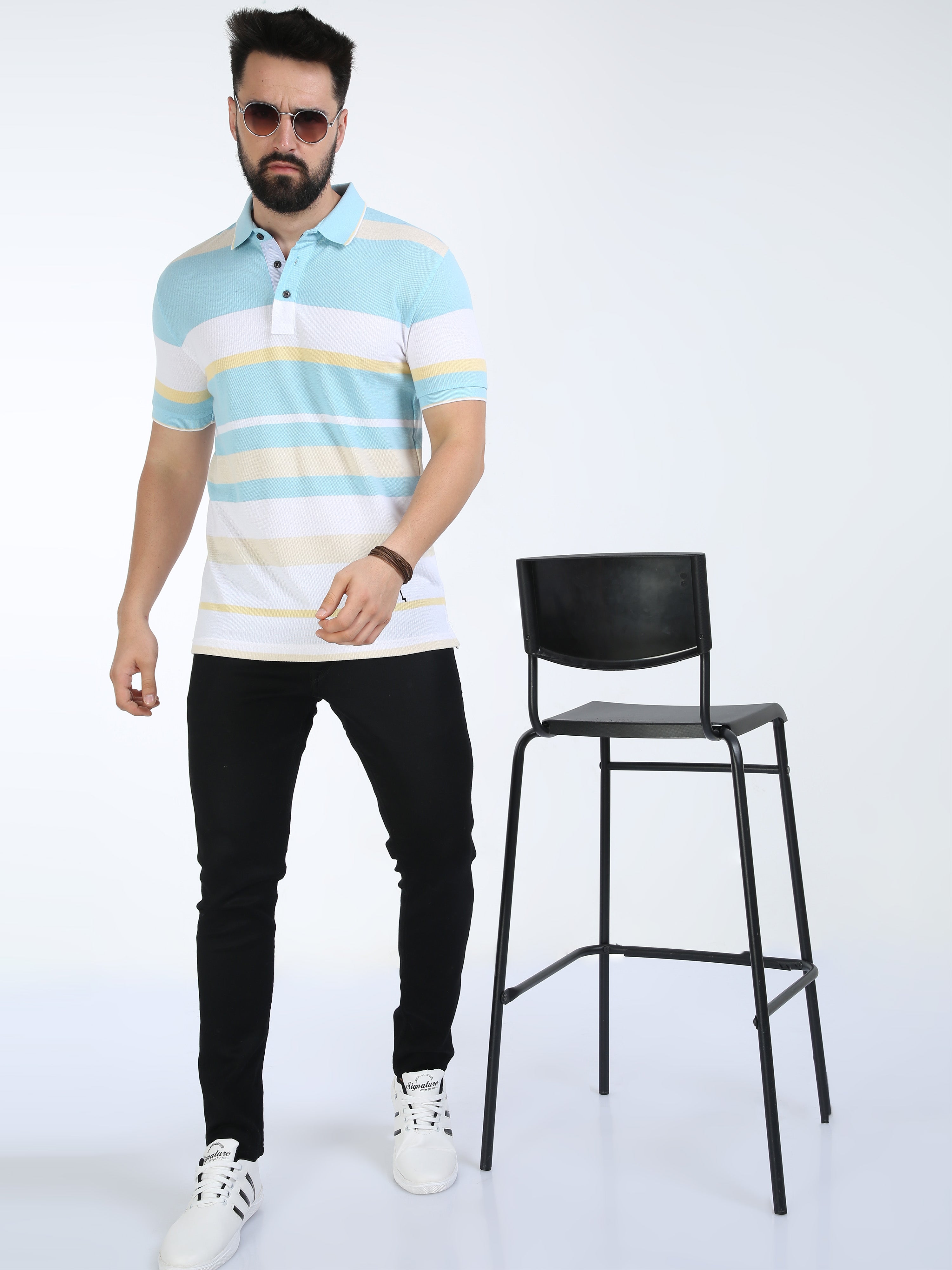 Classic Polo Mens Cotton Half Sleeves Striped Slim Fit Polo Neck White Color T-Shirt | Vta - 242 A Sf P