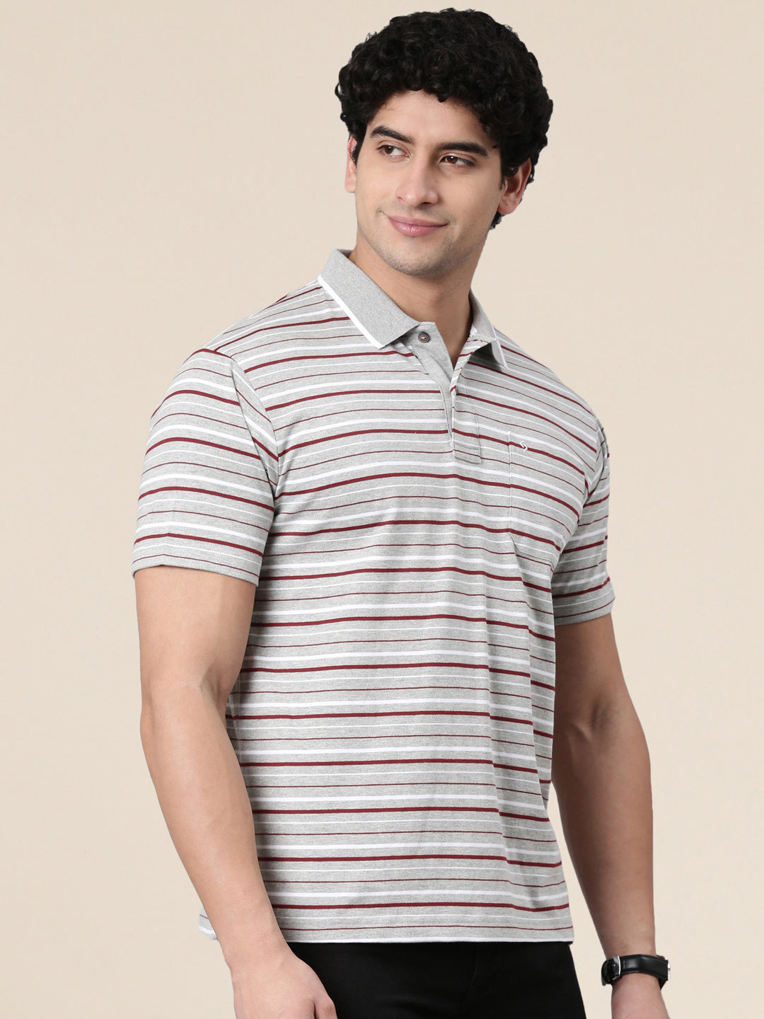 Classic Polo Men's Half Sleeve Grey/Maroon Polo Neck Authentic Fit Striped Cotton Blend T-Shirt | FEEDERS - 308 A AF P