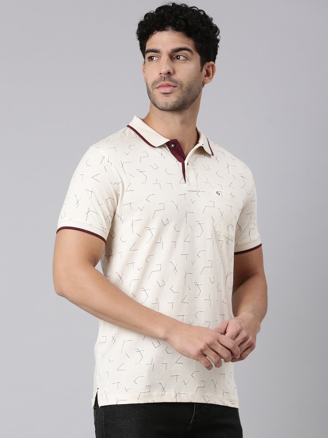 Classic Polo Men's Half Sleeve Light Beige Polo Neck Slim Fit All-Over Print Cotton T-Shirt | BELLO - 383 A SF P