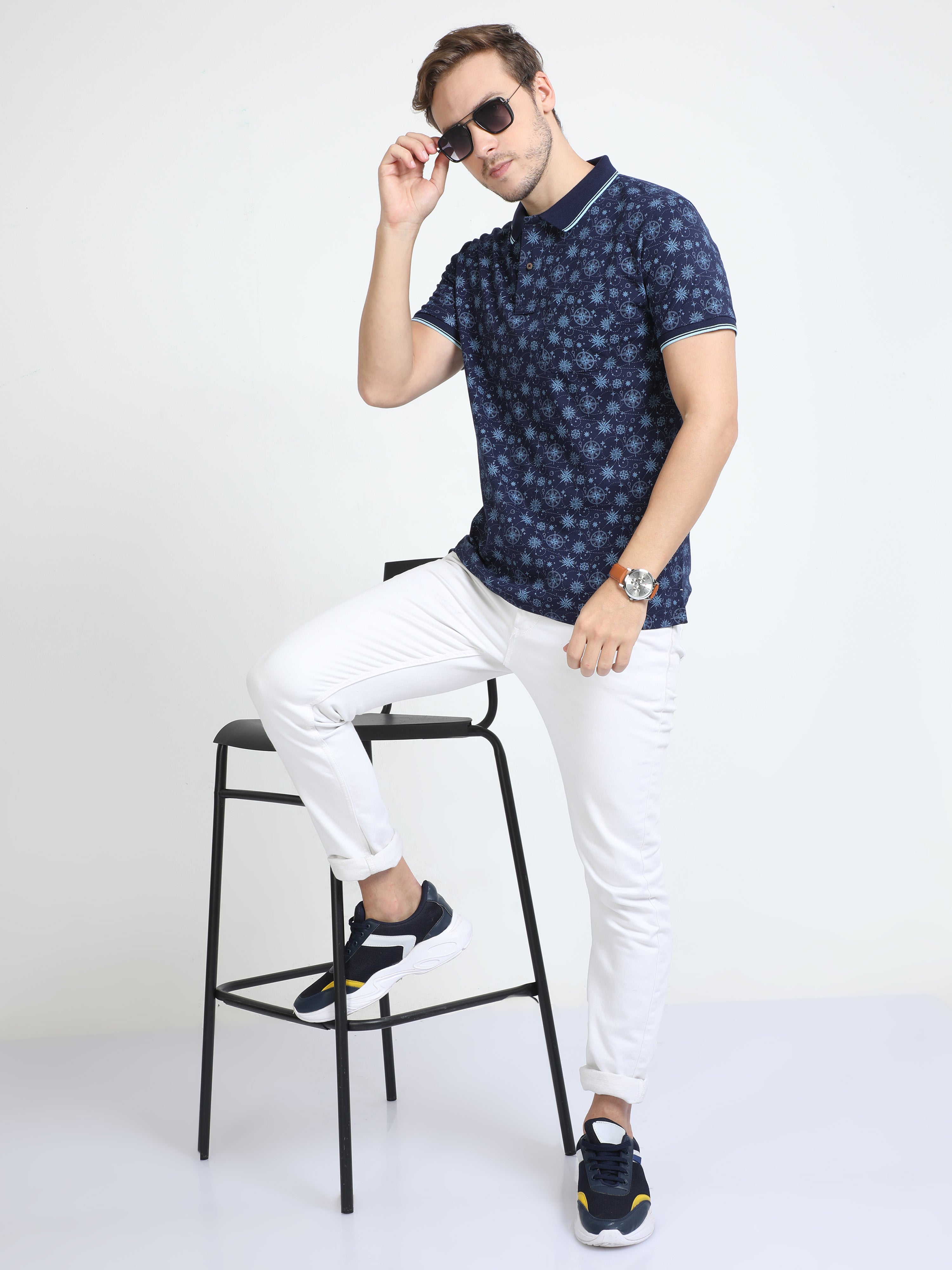 Classic Polo Mens Cotton Half Sleeves Floral Slim Fit Polo Neck Navy Color T-Shirt | Bello - 228 A Sf P