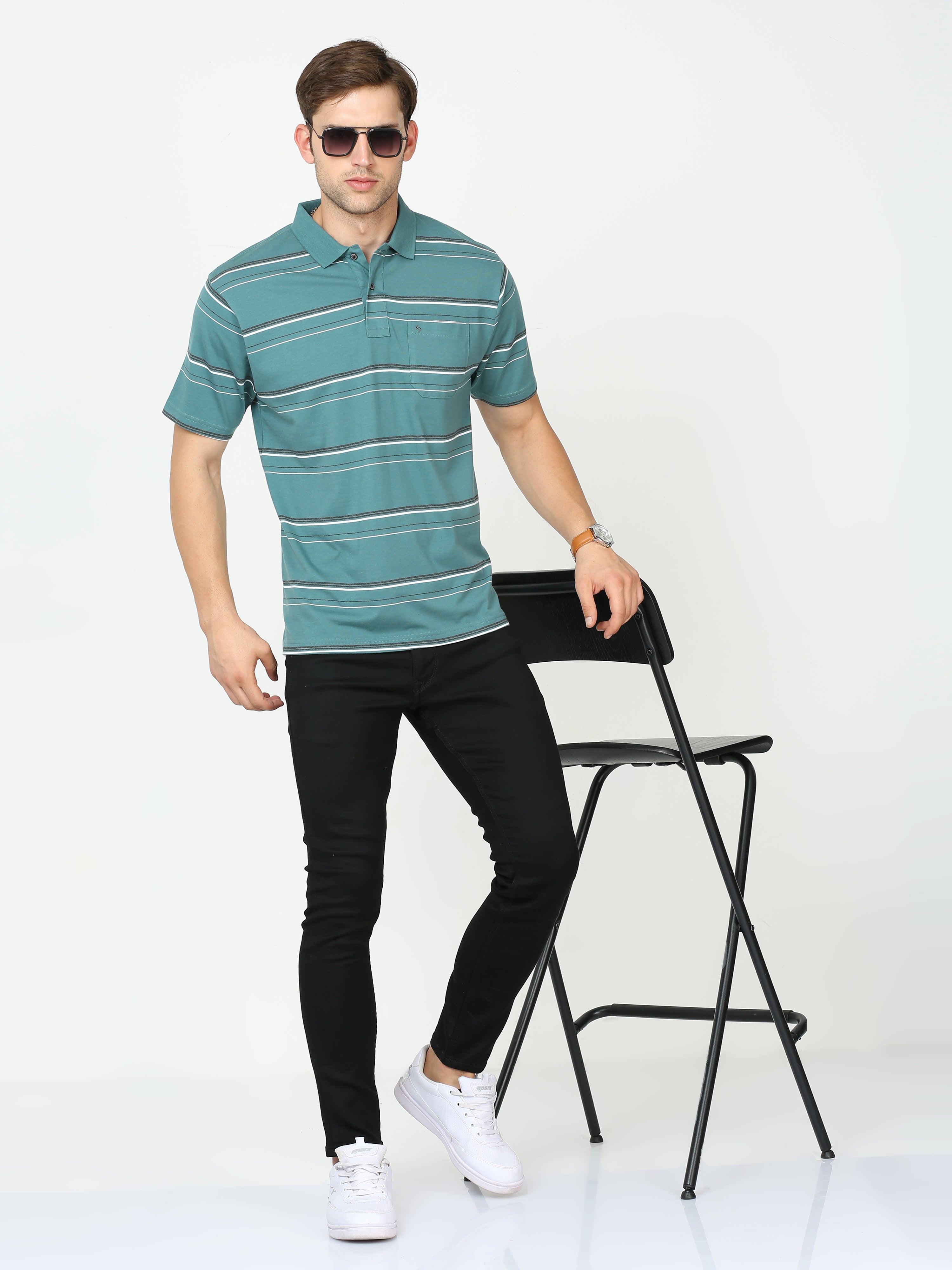 Classic Polo Mens Cotton Half Sleeves Striped Authentic Fit Polo Neck Green Color T-Shirt | Avon - 541 A Af P