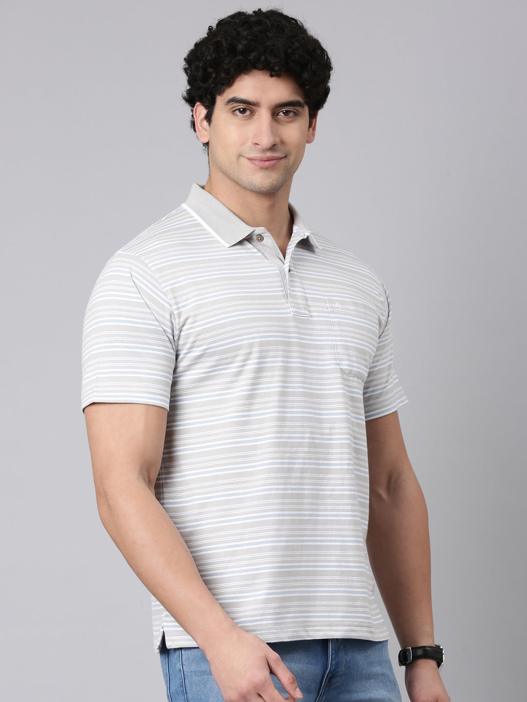 Classic Polo Men's Half Sleeve Grey/White Polo Neck Authentic Fit Striped Cotton Blend T-Shirt | FEEDERS - 303 B AF P