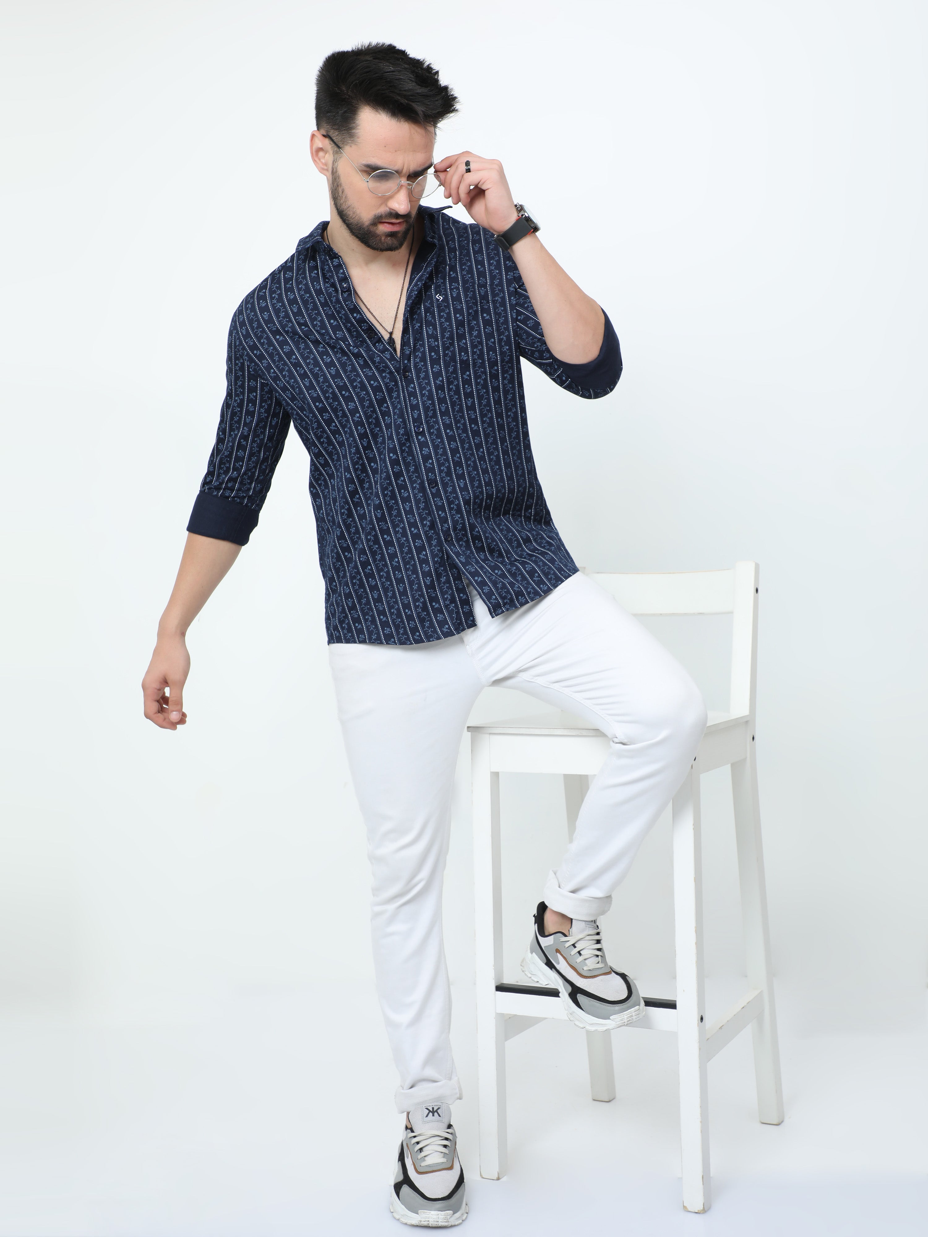 Classic Polo Mens Pure Cotton Full Sleeves Floral Slim Fit Polo Neck Dark Navy Color Woven Shirt | So2-167 B-Fs-Prt-Sf