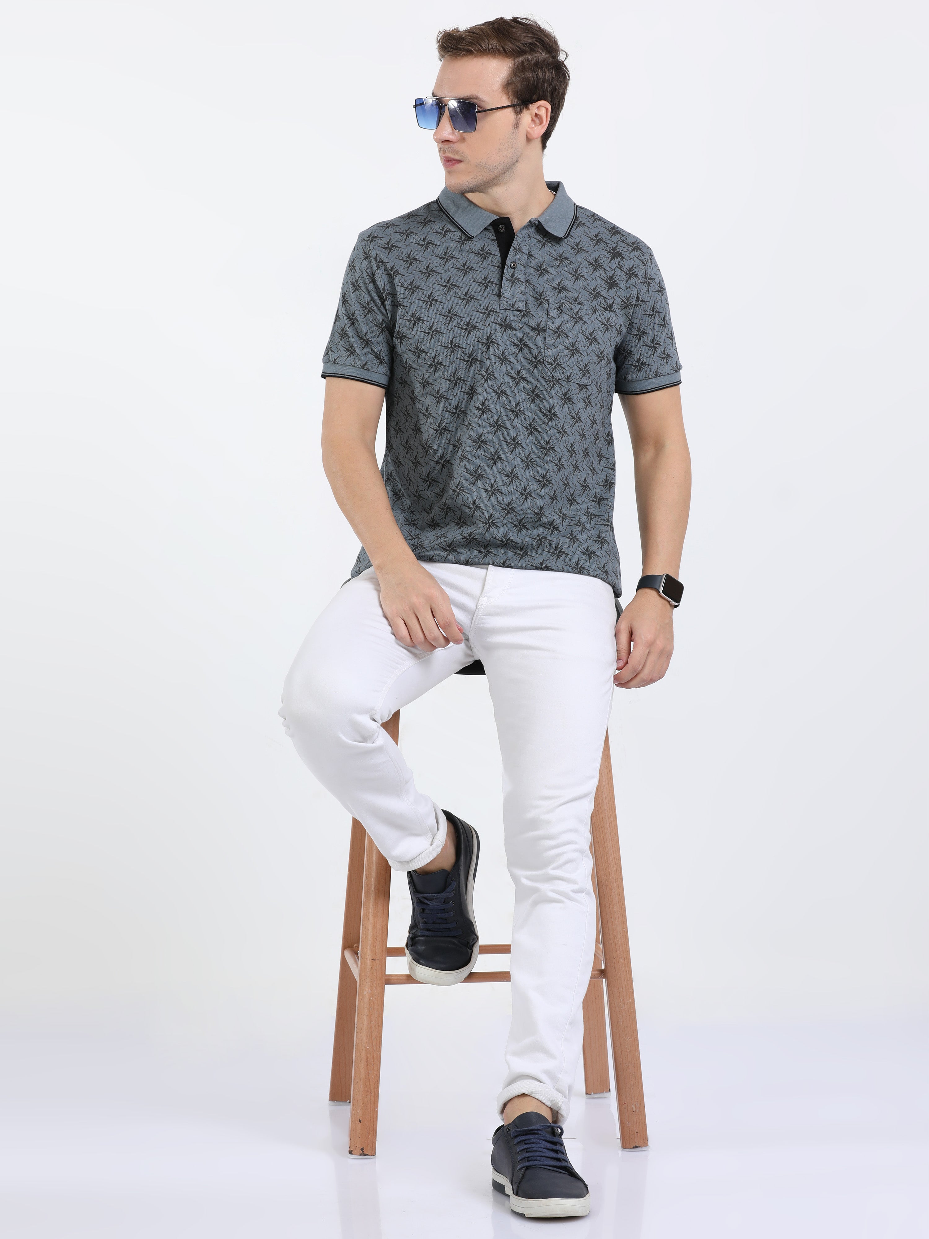 Classic Polo Mens Cotton Half Sleeves Printed Slim Fit Polo Neck Grey Color T-Shirt | Beau - 215 A Sf P