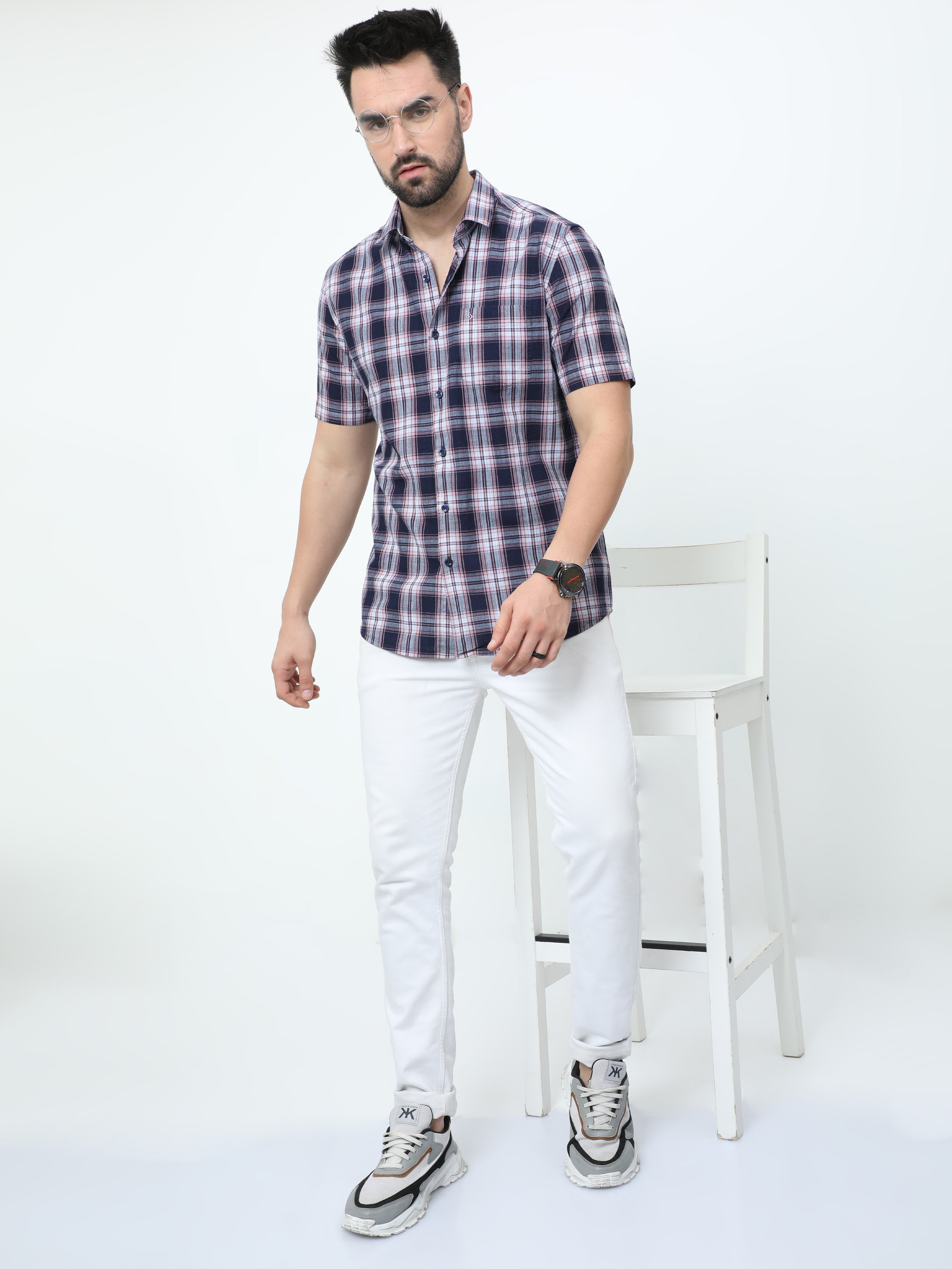 Classic Polo Mens Pure Cotton Half Sleeves Checked Slim Fit Polo Neck Black Color Woven Shirt | So2-174 A-Hs-Chk-Sf