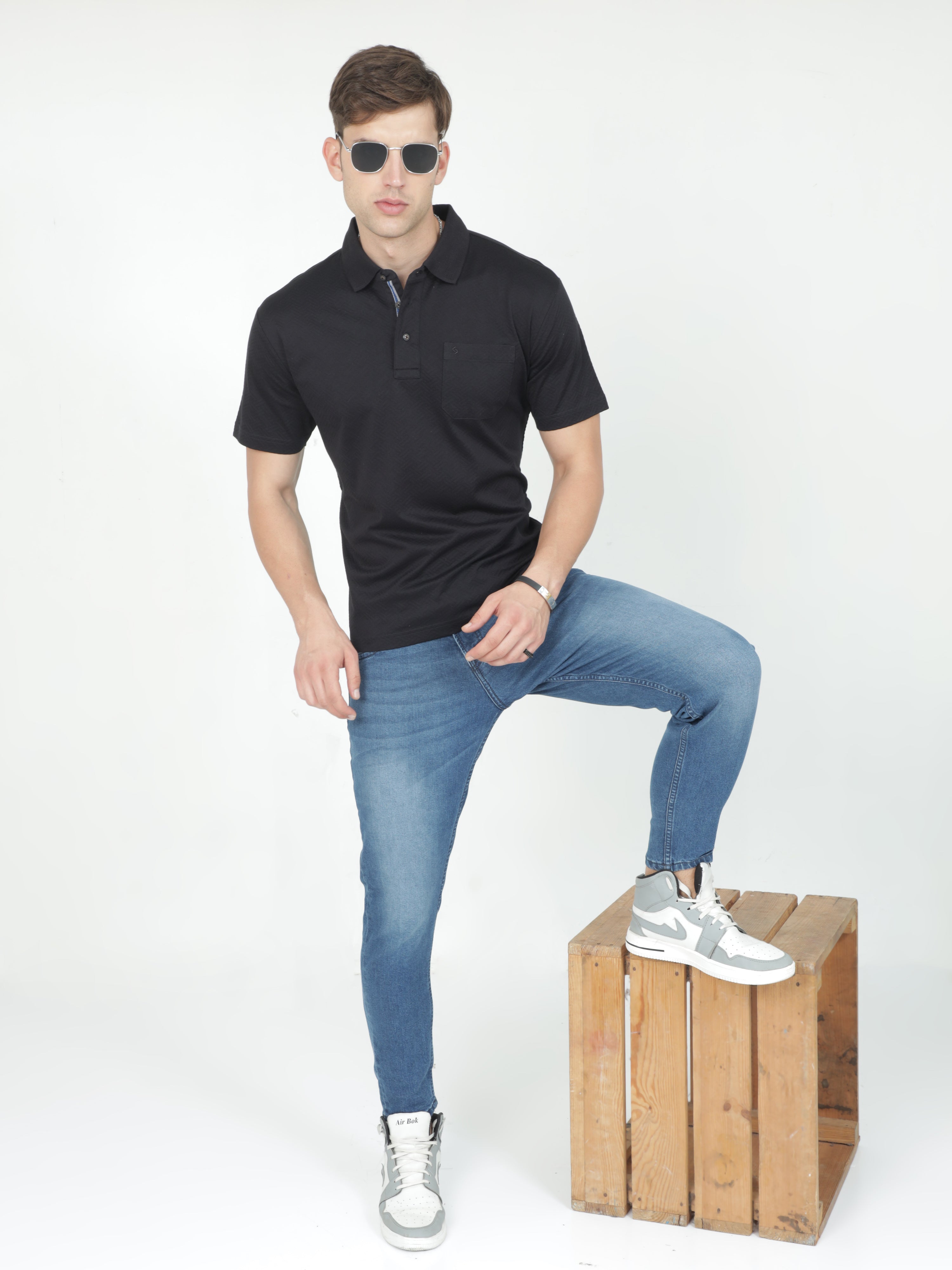 Classic Polo Mens Cotton Half Sleeves Floral Authentic Fit Polo Neck Black Color T-Shirt | Rare - 05 B Af P
