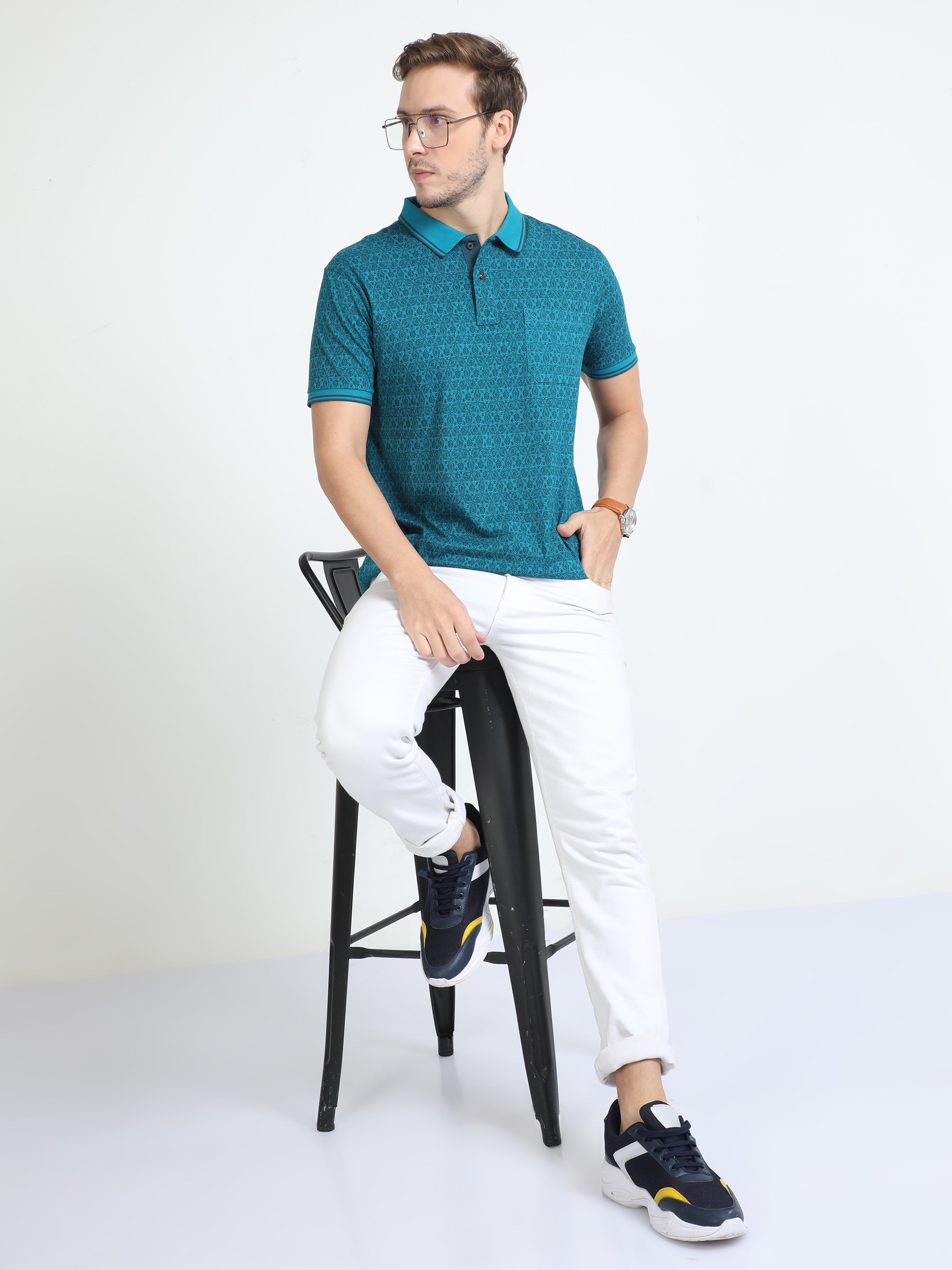 Classic Polo Mens Cotton Half Sleeves Floral Slim Fit Polo Neck Turqoise Color T-Shirt | Bello - 229 A Sf P