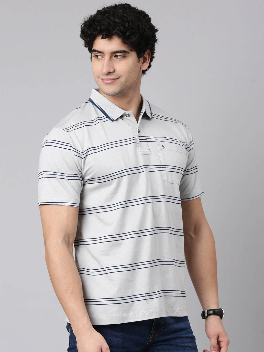 Classic Polo Men's Half Sleeve Grey Polo Neck Authentic Fit Striped Cotton T-Shirt | AP - 157 B AF P