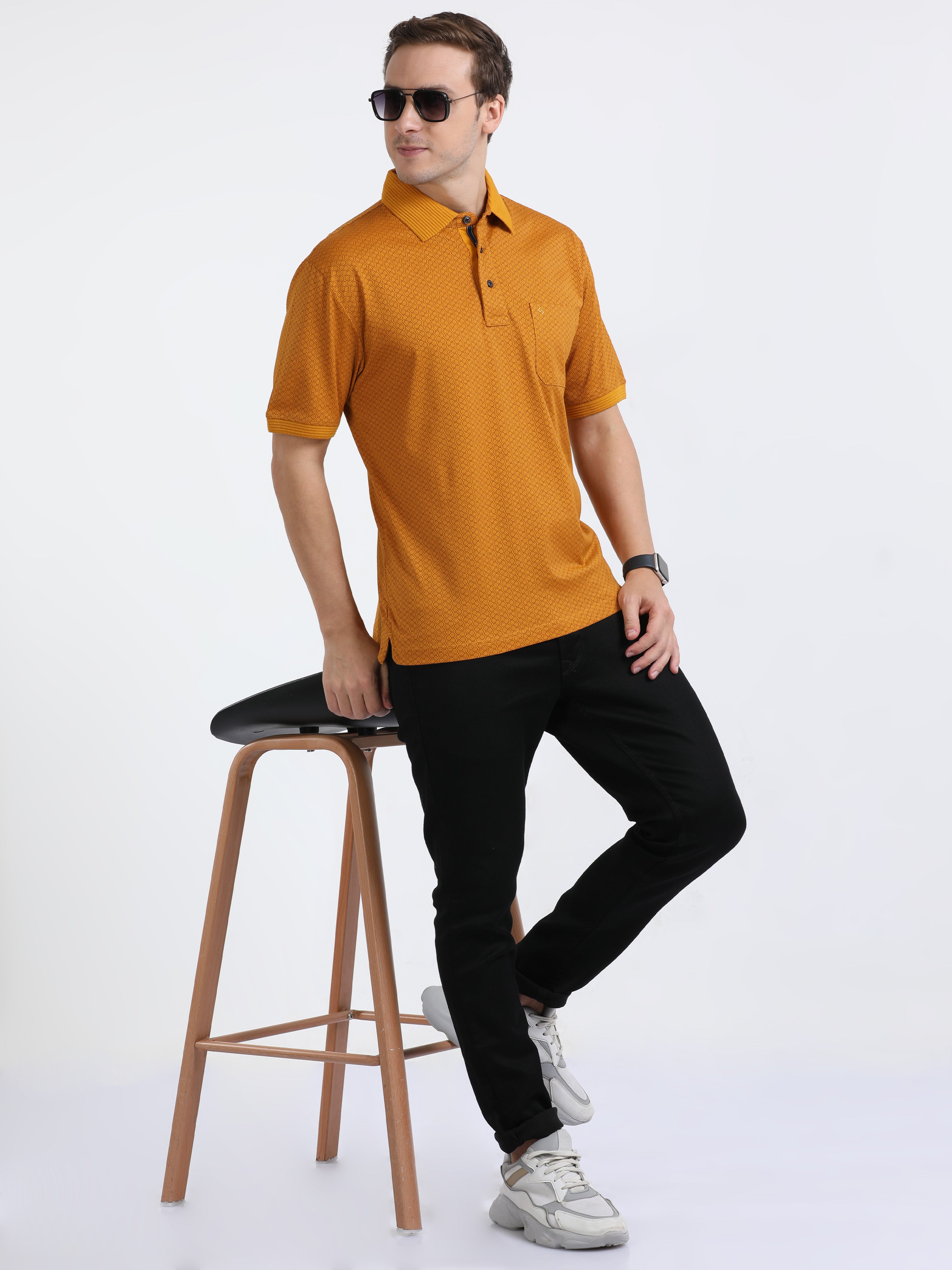 Classic Polo Mens Cotton Half Sleeves Floral Authentic Fit Crew Neck Yellow Color T-Shirt | Swank - 08 B Af C