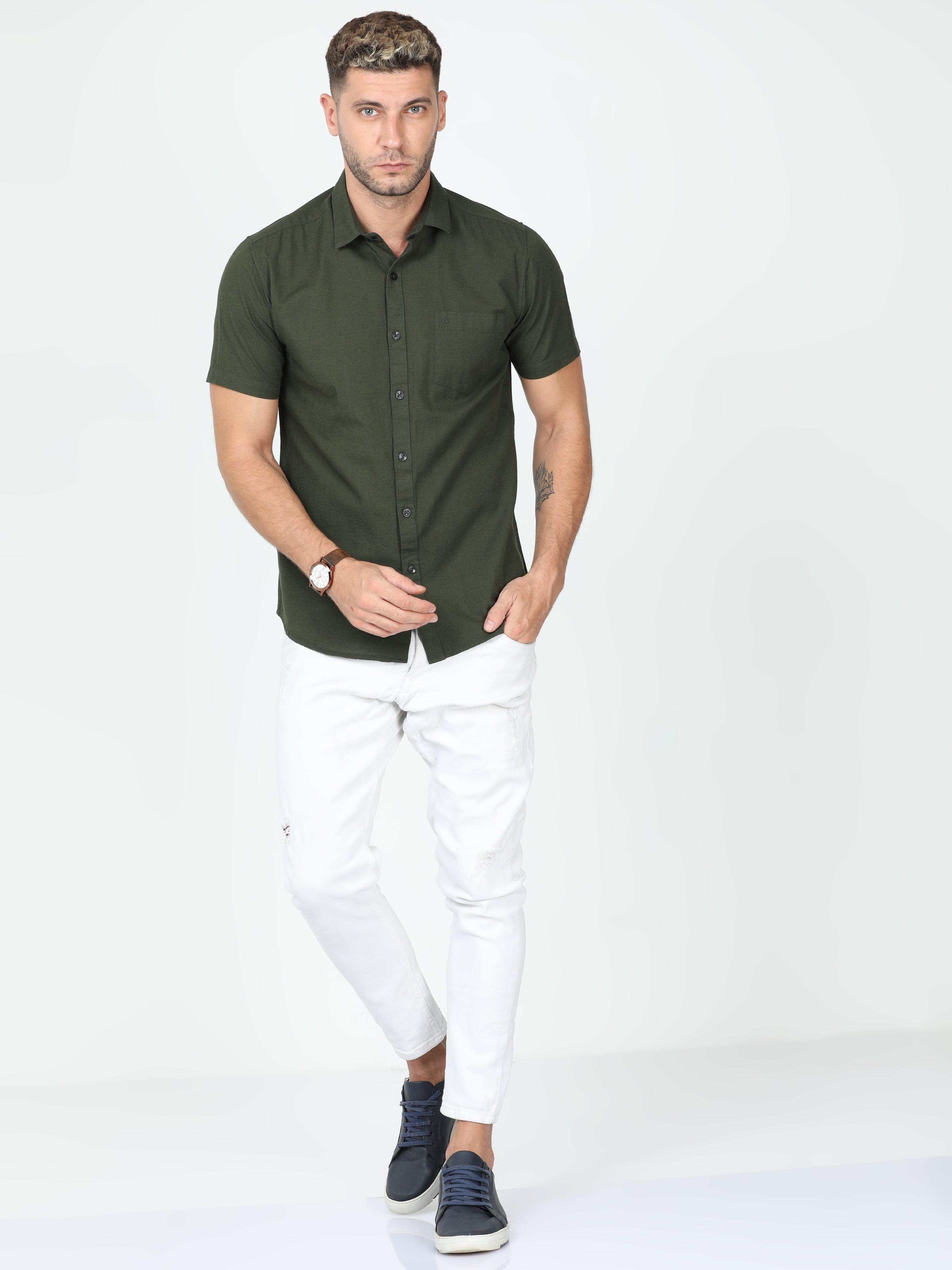 Classic Polo Mens Linen Cotton Half Sleeve Slim Fit Polo Neck Olive Color Woven Shirt | Linen - 26 D-HS-SLD-SF