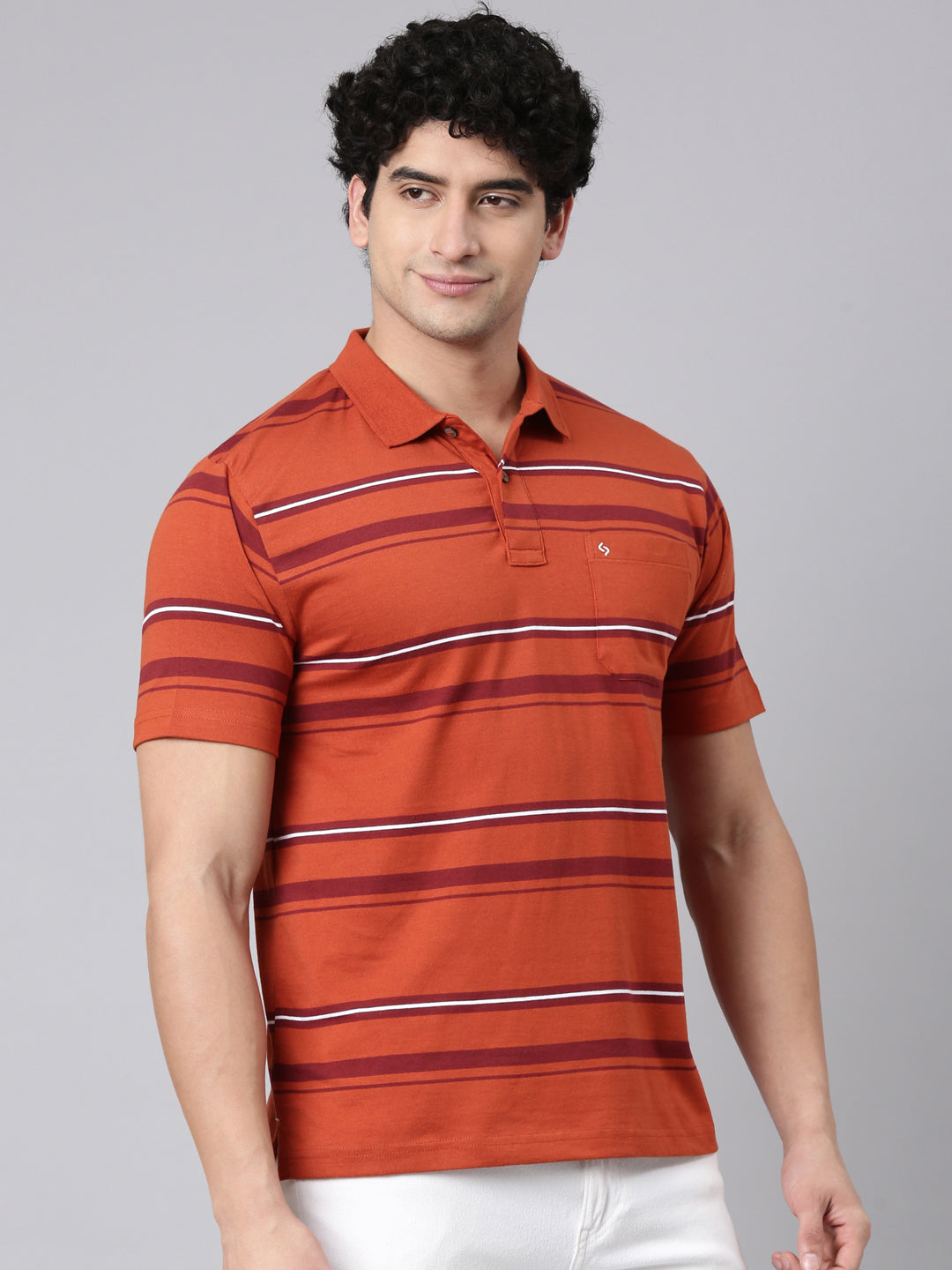 Classic Polo Men's Half Sleeve Rust Polo Neck Authentic Fit Striped Cotton Blend T-Shirt | AVON - 648 B AF P