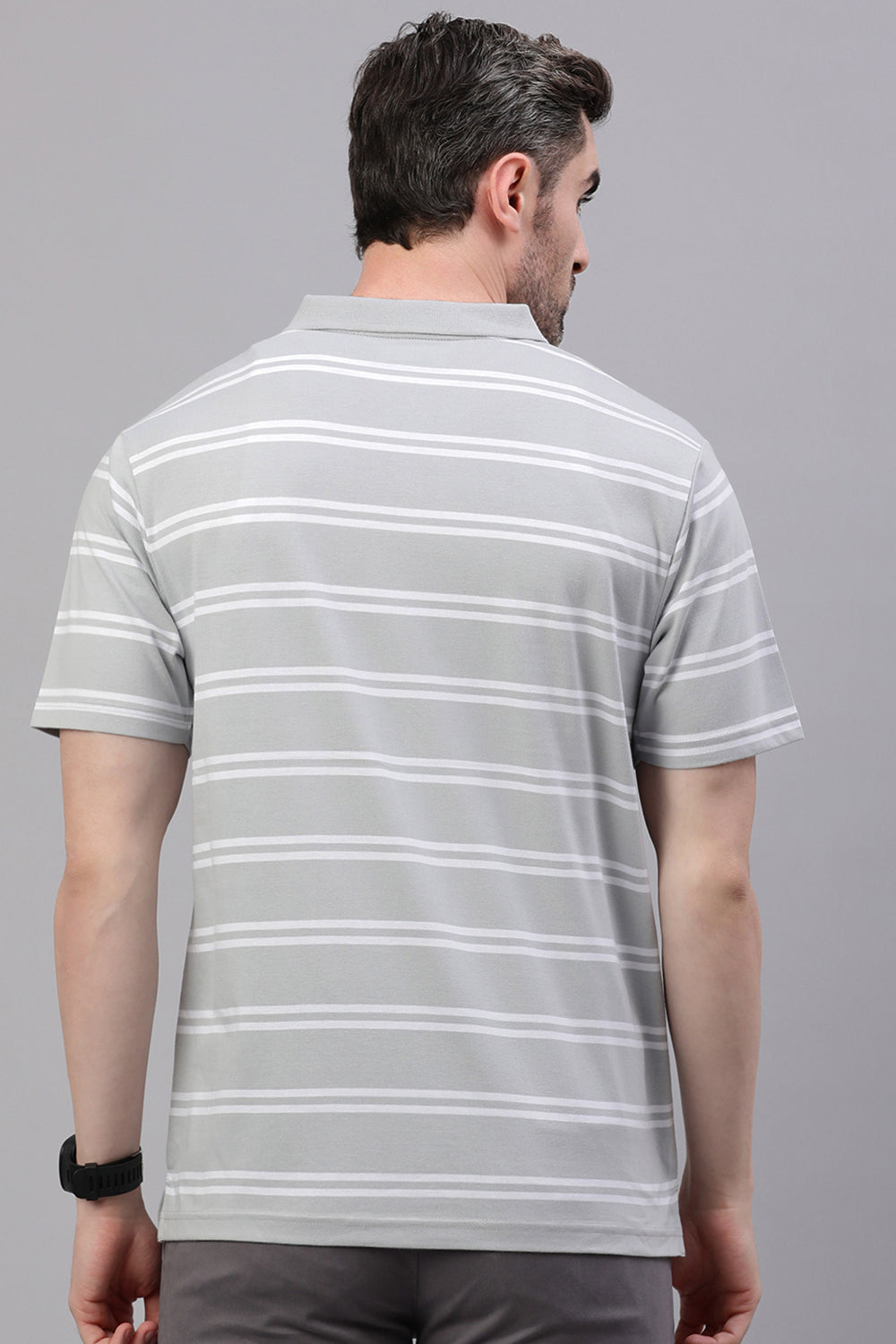 Classic Polo Men's Half Sleeve Grey/White Polo Neck Authentic Fit Striped T-Shirt | AVON - 603 A AF P