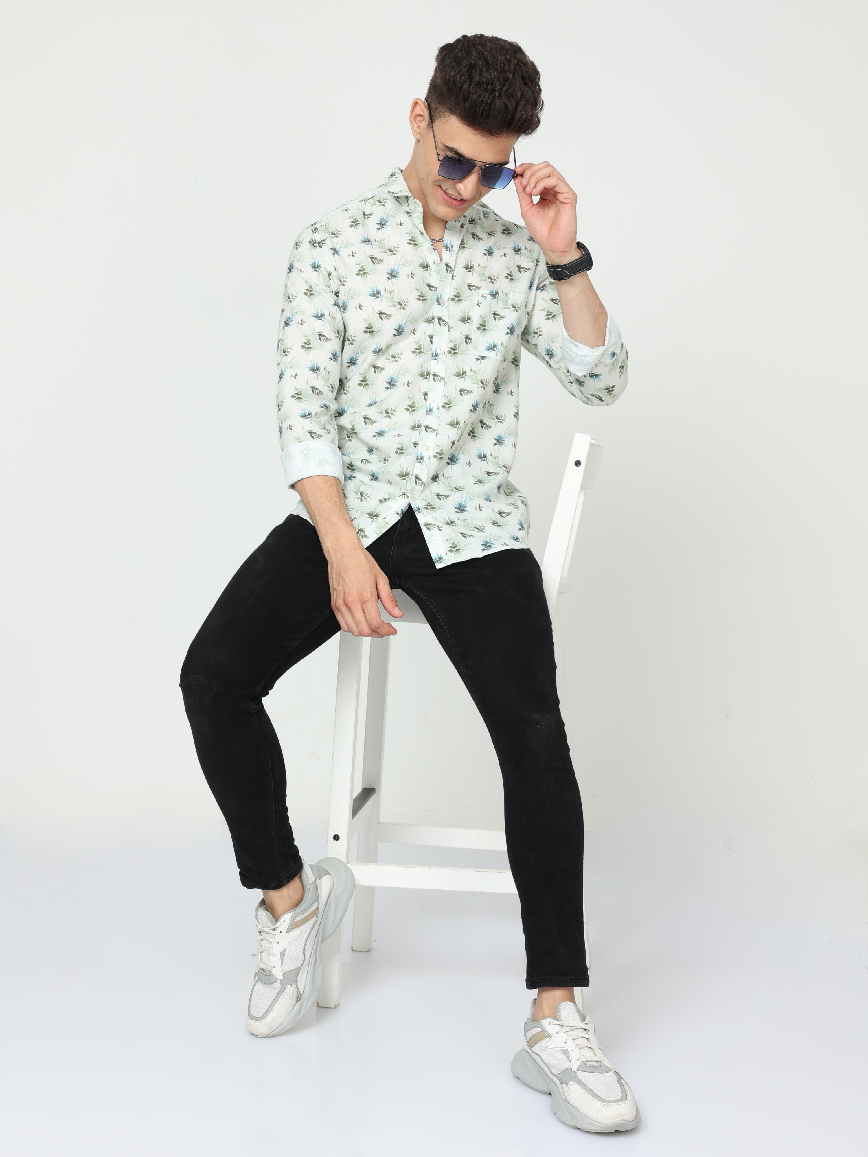 Classic Polo Men's Cotton Full Sleeve Printed Slim Fit Polo Neck Green Color Woven Shirt | So1-28 A