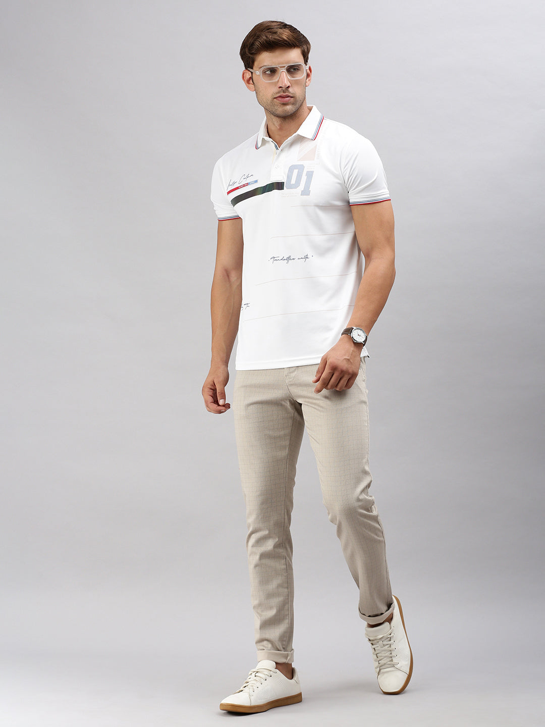 Classic Polo Men's Beige Moderate Fit Checked Casual Trouser | TP2-CL 05 A-BEG-MF-LY