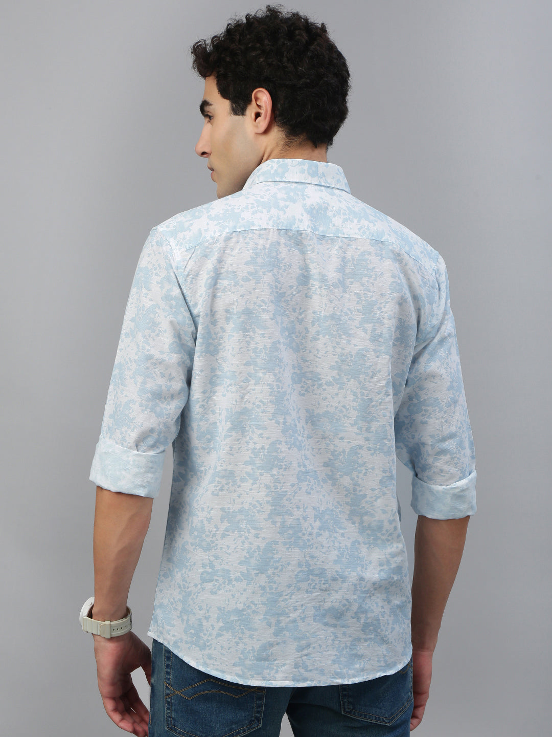 Classic Polo Men's Full Sleeve Lt.Blue/White Polo Neck Slim Fit All Over Print Shirt||SQ1-CL-09 B-FS-PRT-SF