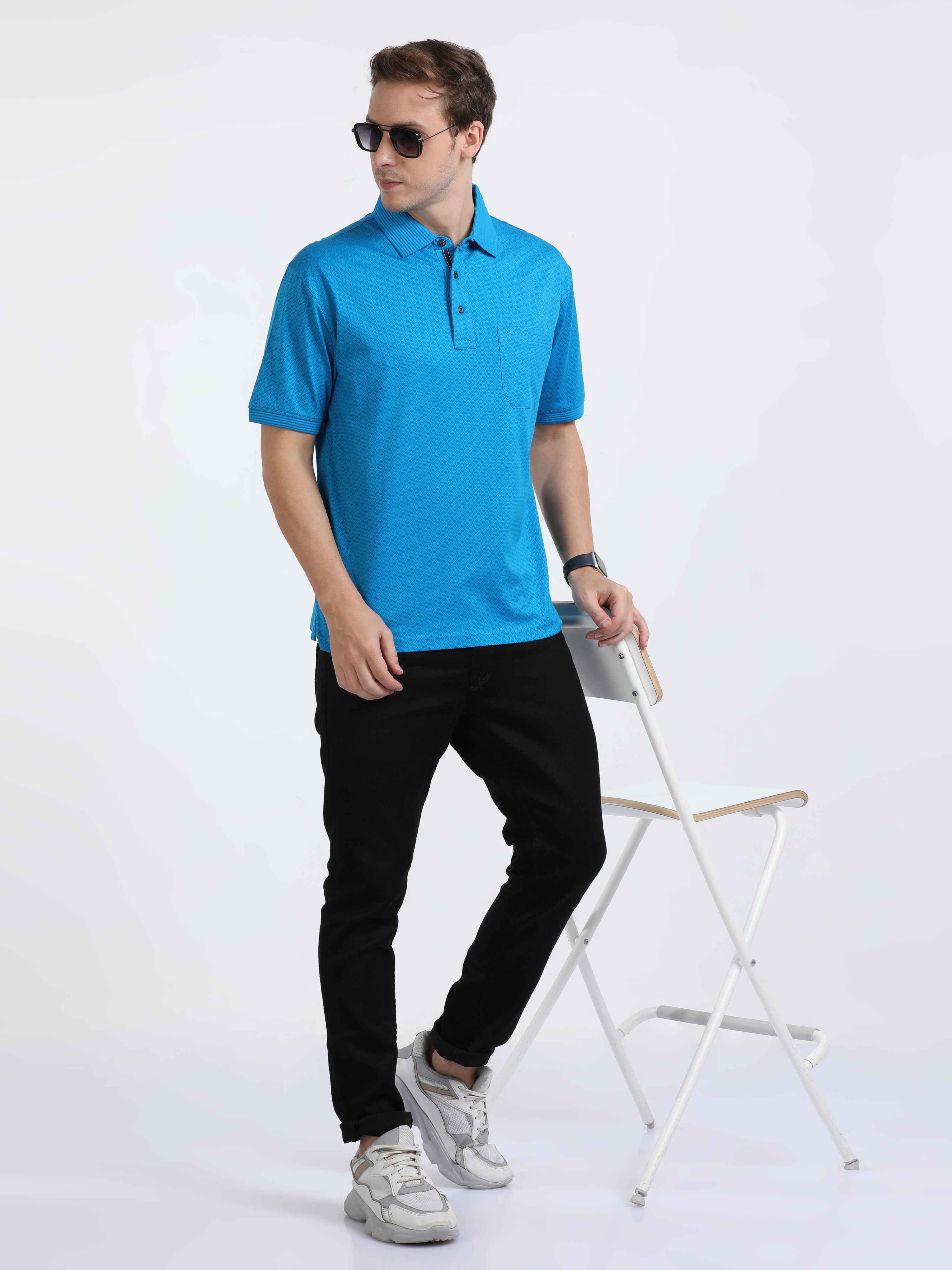 Classic Polo Mens Cotton Half Sleeves Floral Authentic Fit Crew Neck Turqoise Color T-Shirt | Swank - 08 A Af C