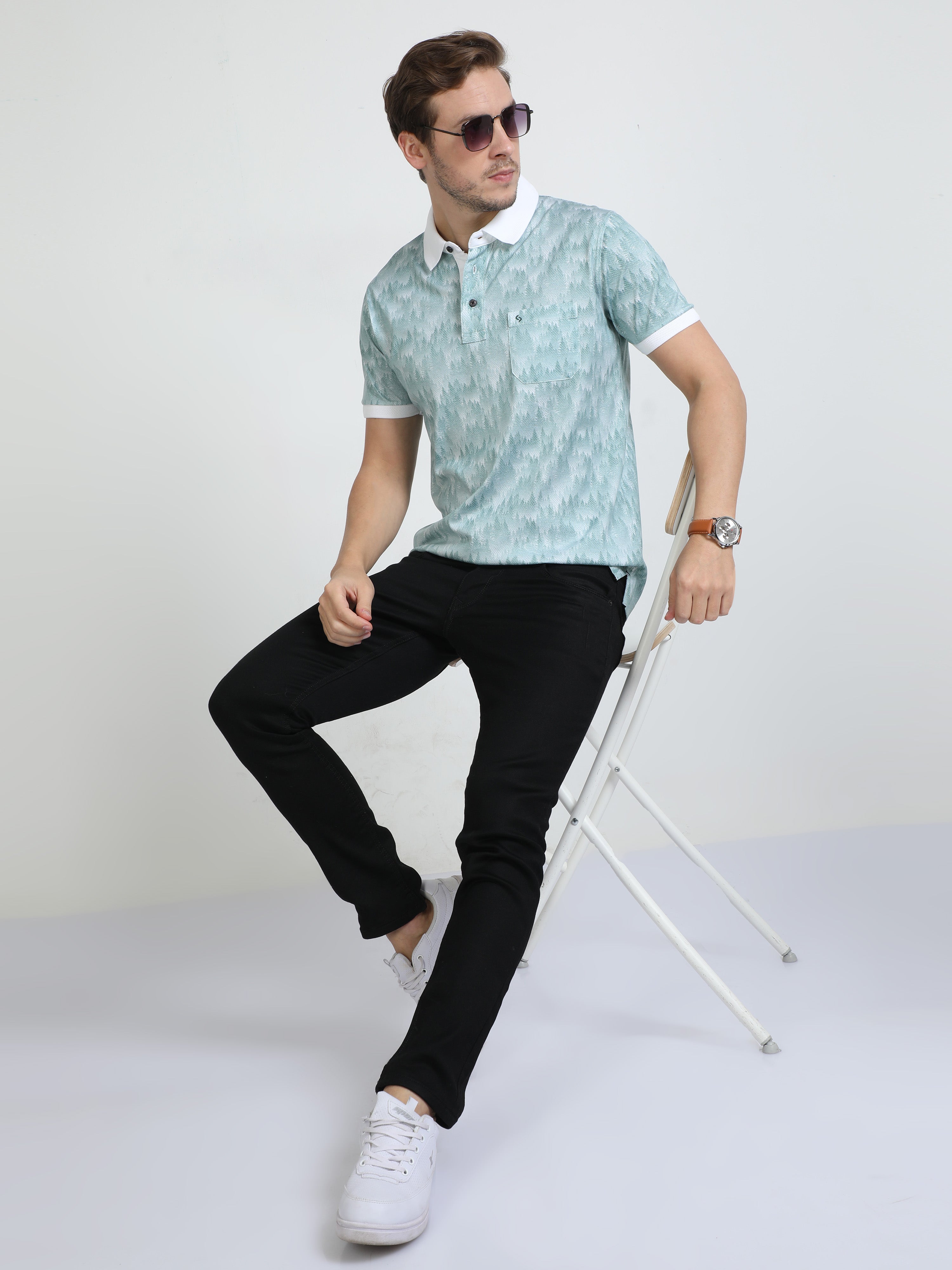 Classic Polo Mens Cotton Half Sleeves Floral Slim Fit Polo Neck Aqua Blue Color T-Shirt | Scant - 31 B Sf P