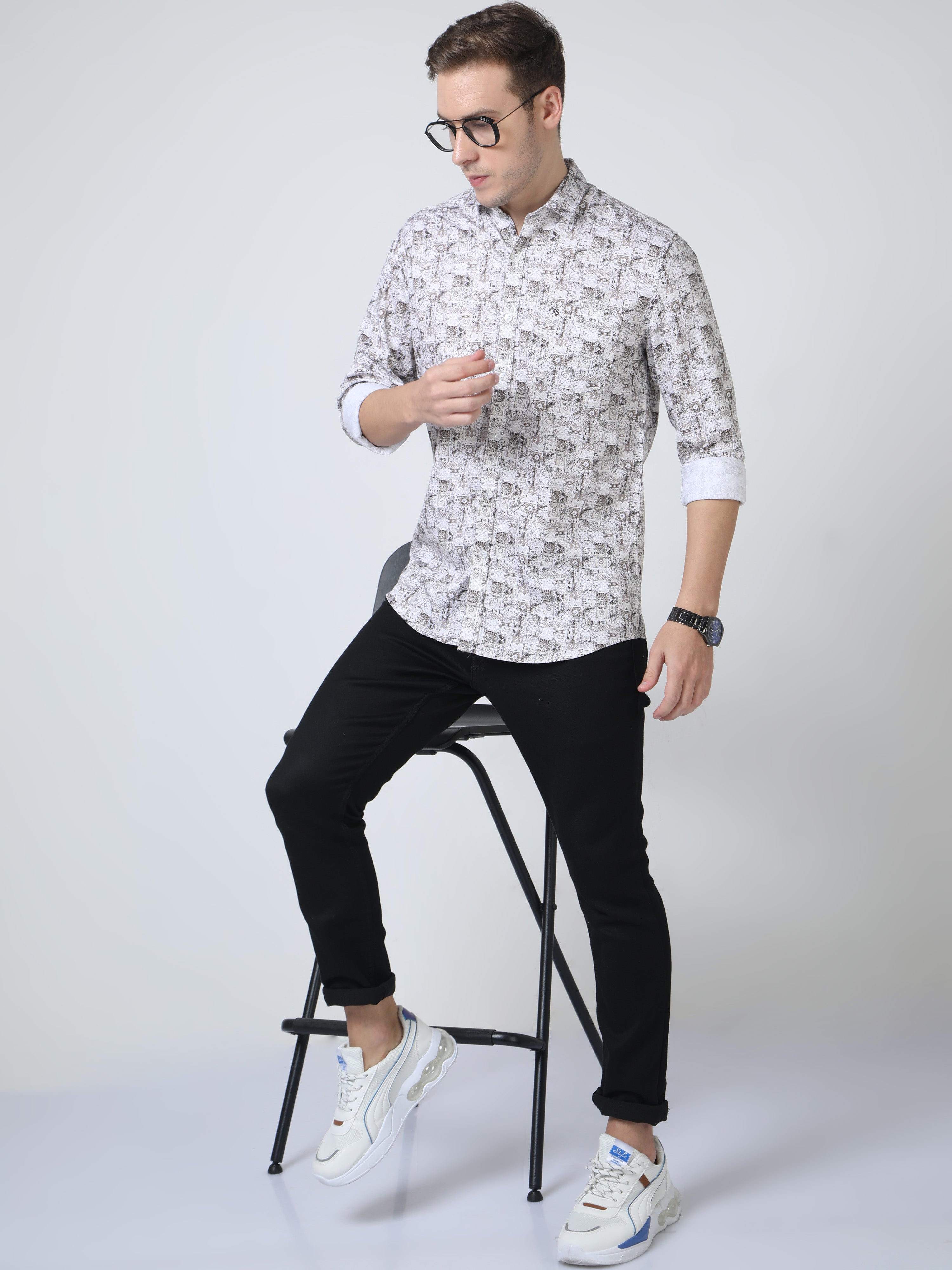 Classic Polo Mens Pure Cotton Full Sleeves Floral Slim Fit Polo Neck White Color Woven Shirt | So2-172 A-Fs-Prt-Sf