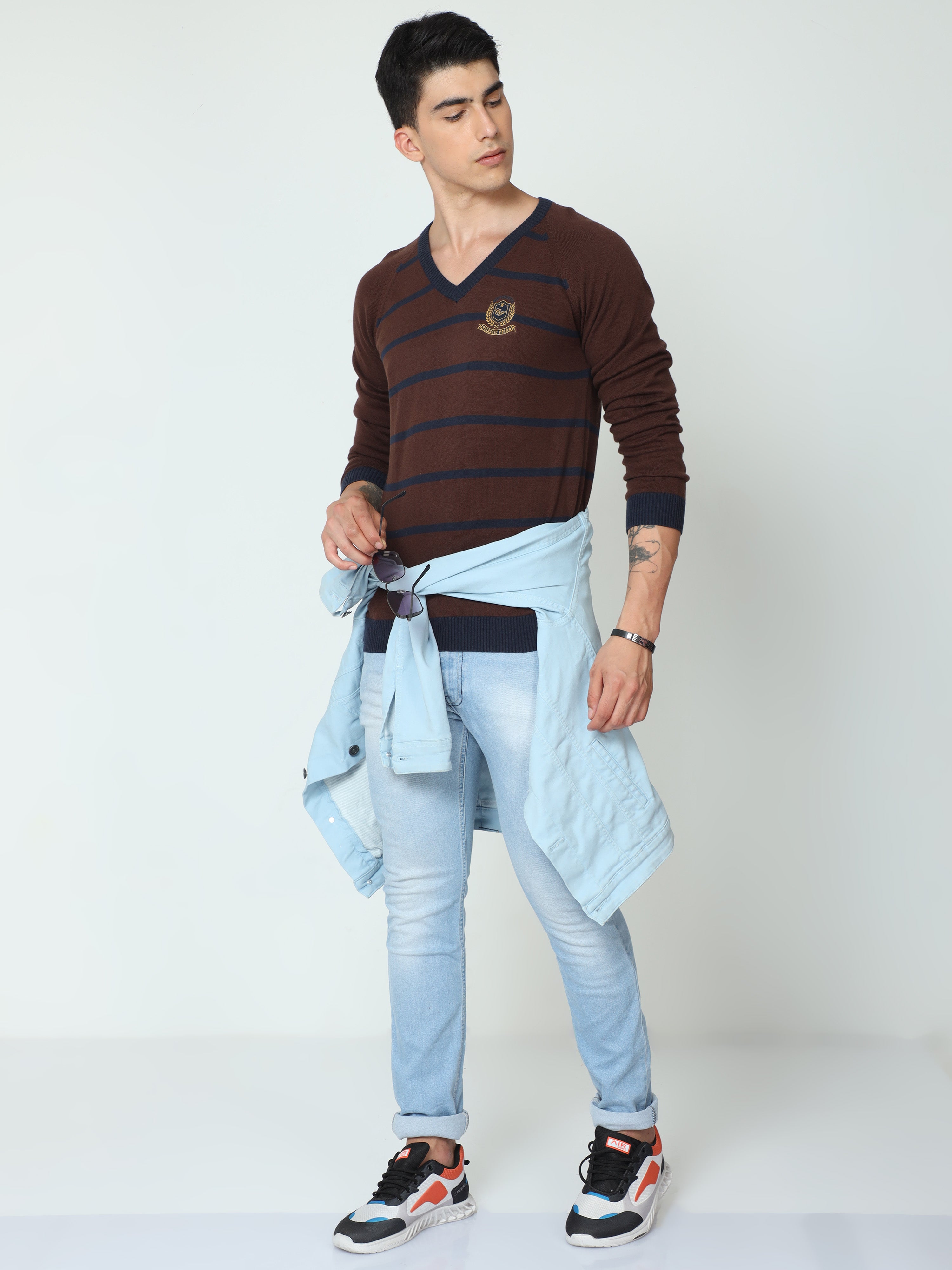 Classic Polo Mens 100% Cotton Maroon Striped V Neck Full Sleeves Slim Fit Sweater |Cp-Swt-05