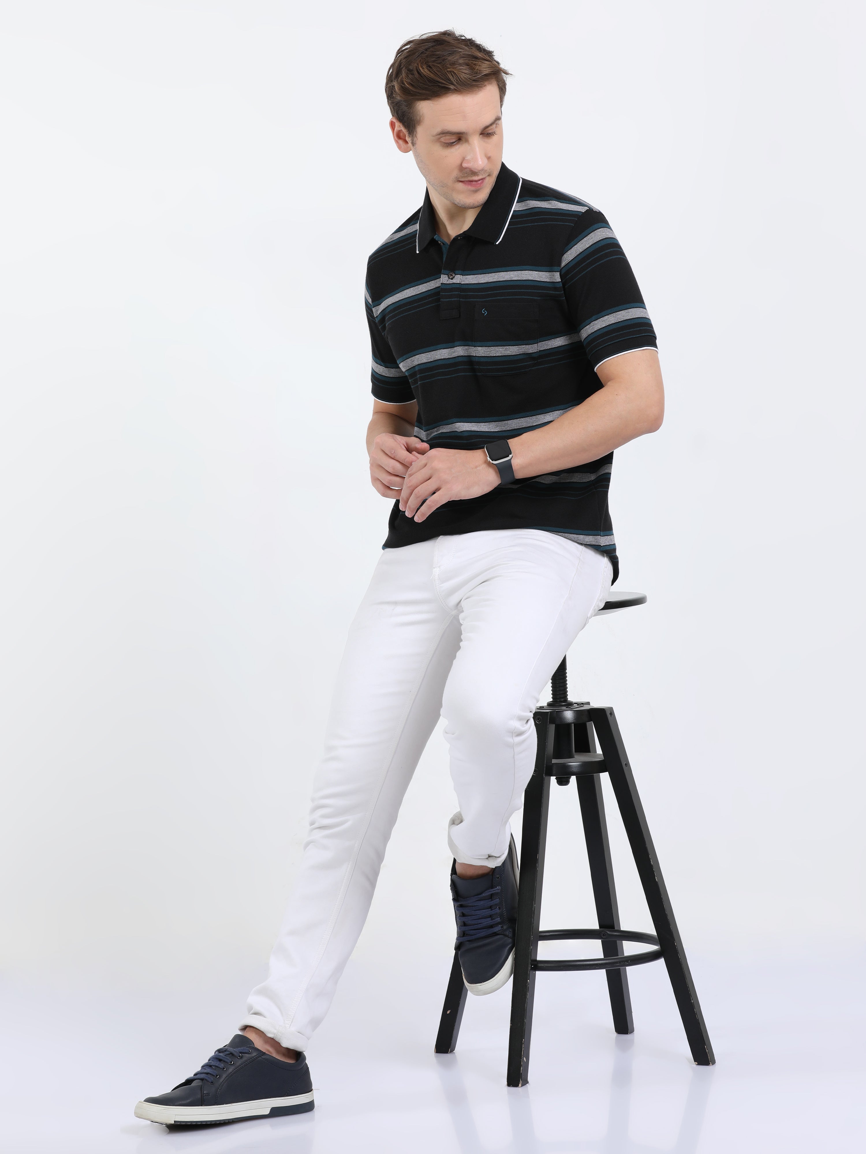 Classic Polo Mens Cotton Half Sleeves Striped Slim Fit Polo Neck Black Color T-Shirt | Adore - 209 B Sf P
