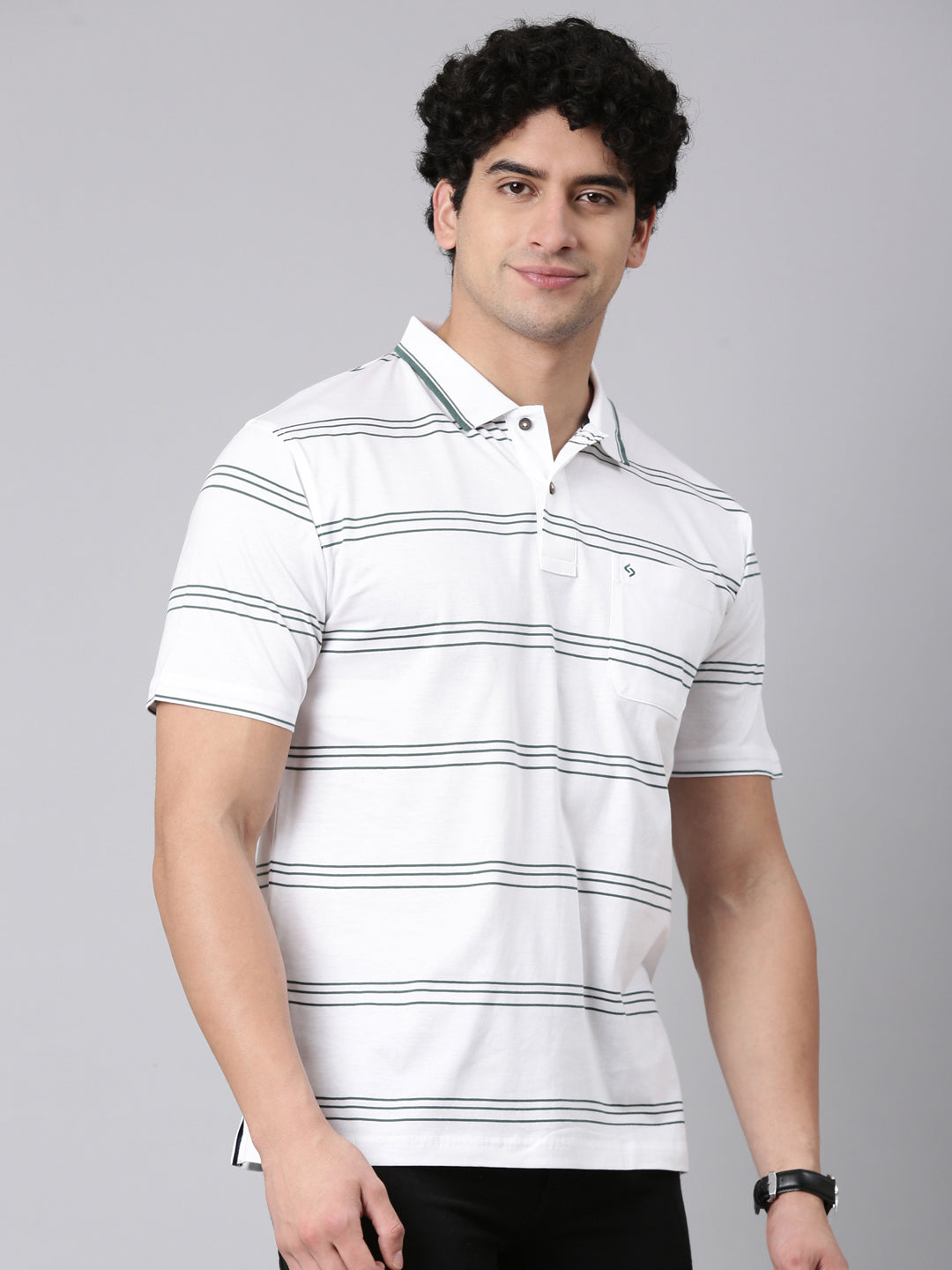 Classic Polo Men's Half Sleeve White Polo Neck Authentic Fit Striped Cotton T-Shirt | AP - 157 A AF P