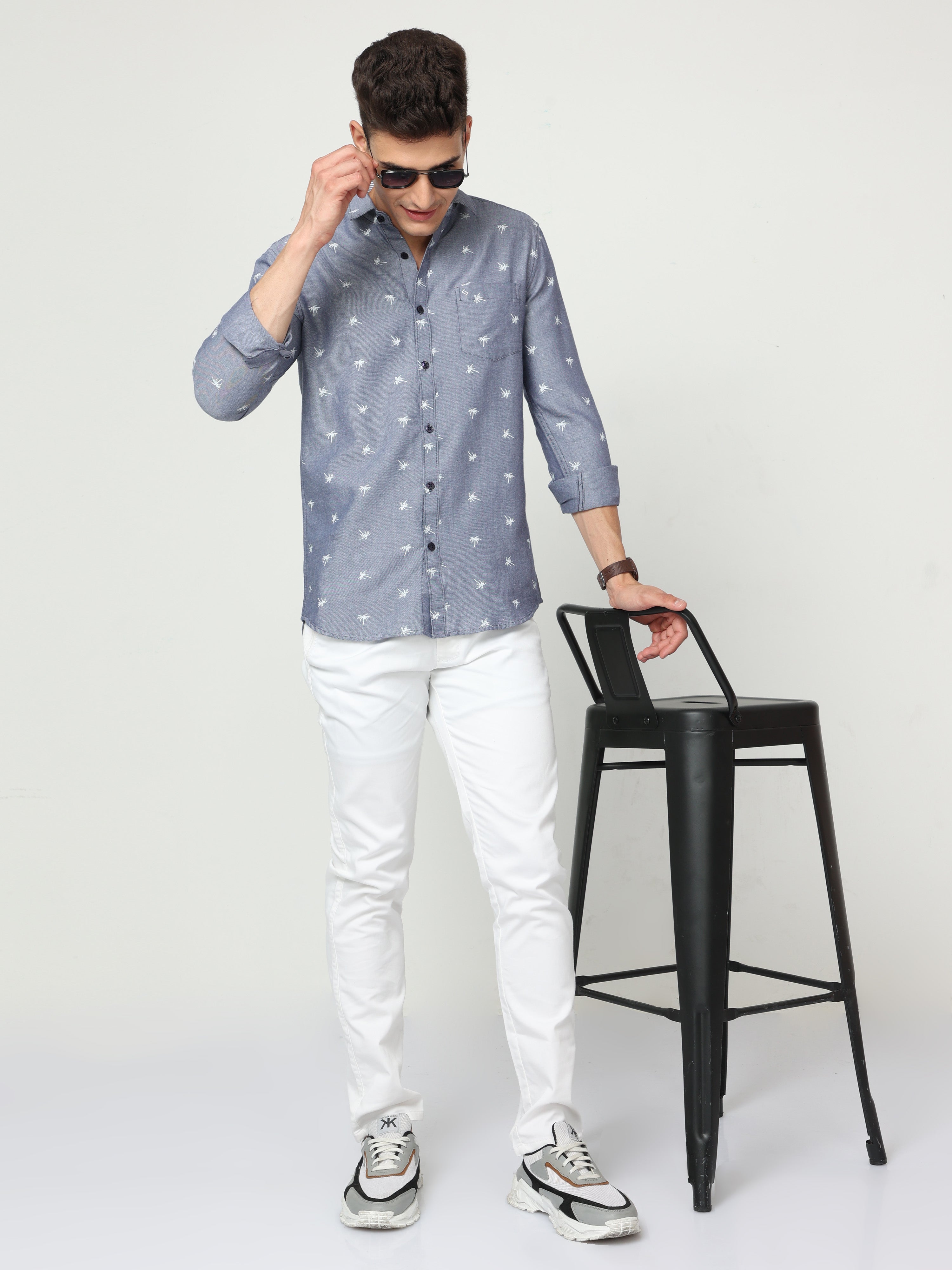 Classic Polo Mens Cotton Full Sleeve Printed Slim Fit Polo Neck Blue Color Woven Shirt | SO1-177 A-FS-PRT