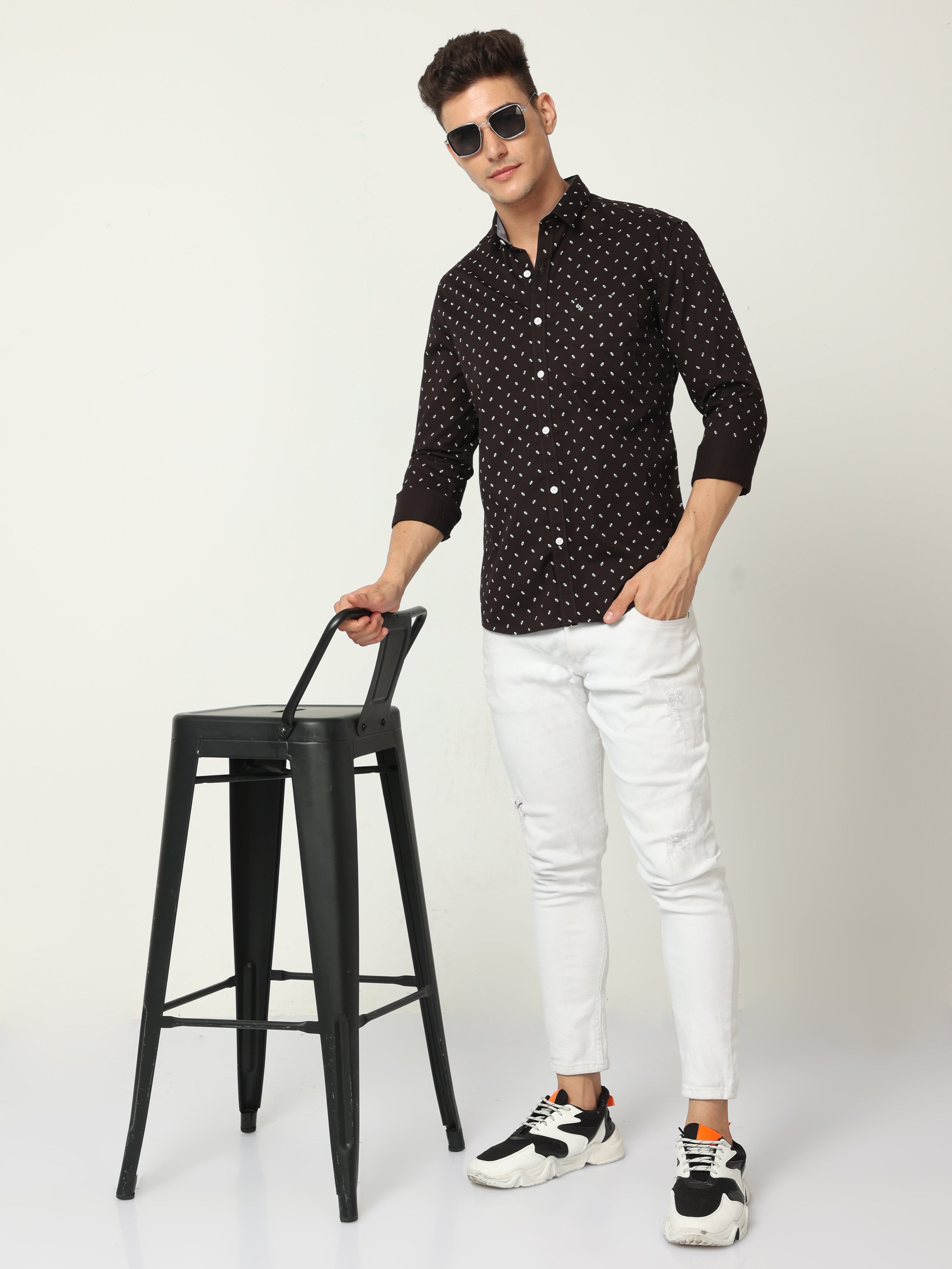 Classic Polo Mens Cotton Full Sleeve Printed Slim Fit Polo Neck Brown Color Woven Shirt | SO1-174 B-FS-PRT