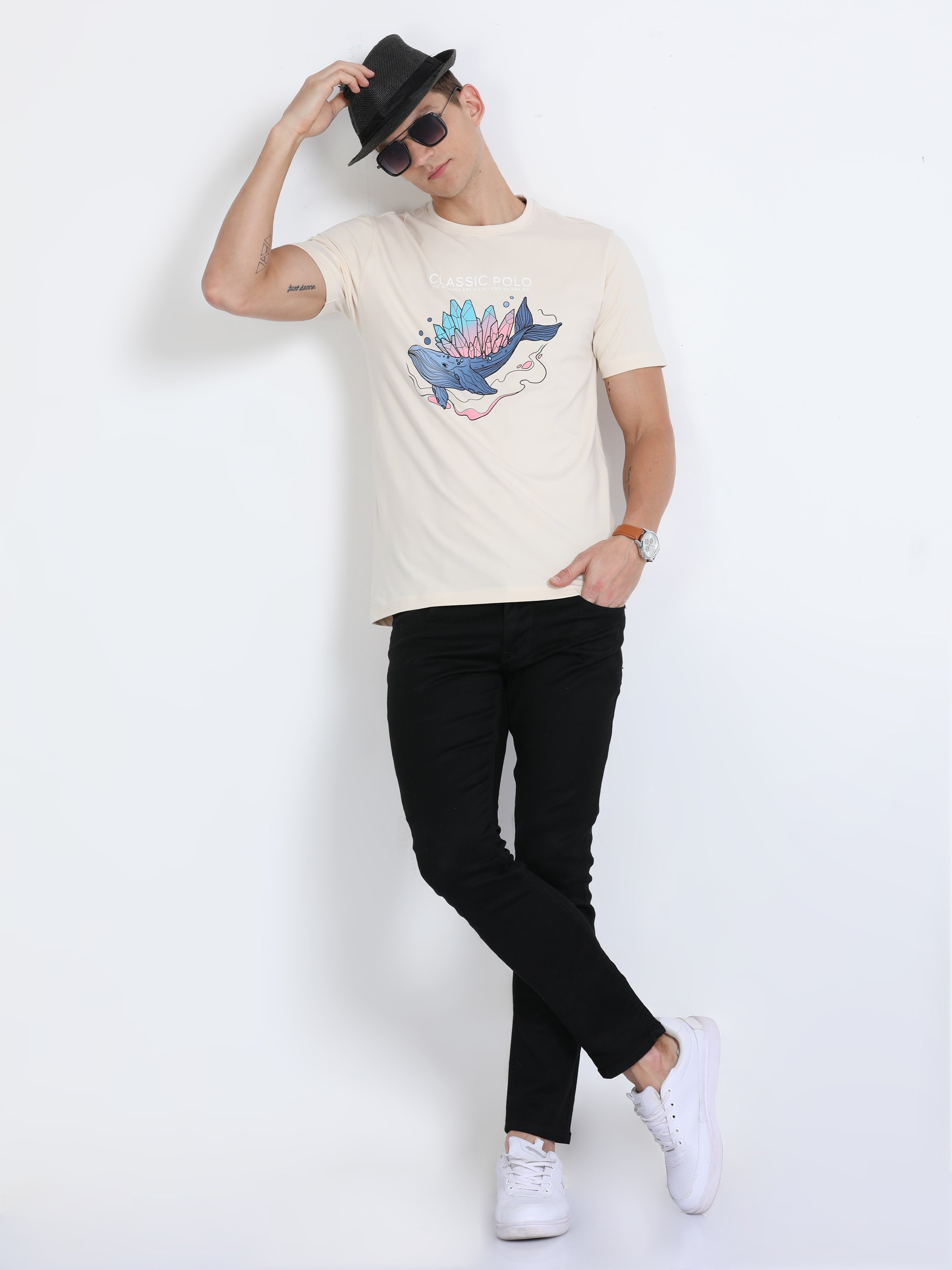 Classic Polo Mens Cotton Half Sleeves Printed Slim Fit Crew Neck Yellow Color T-Shirt | Baleno - 551 B Sf C