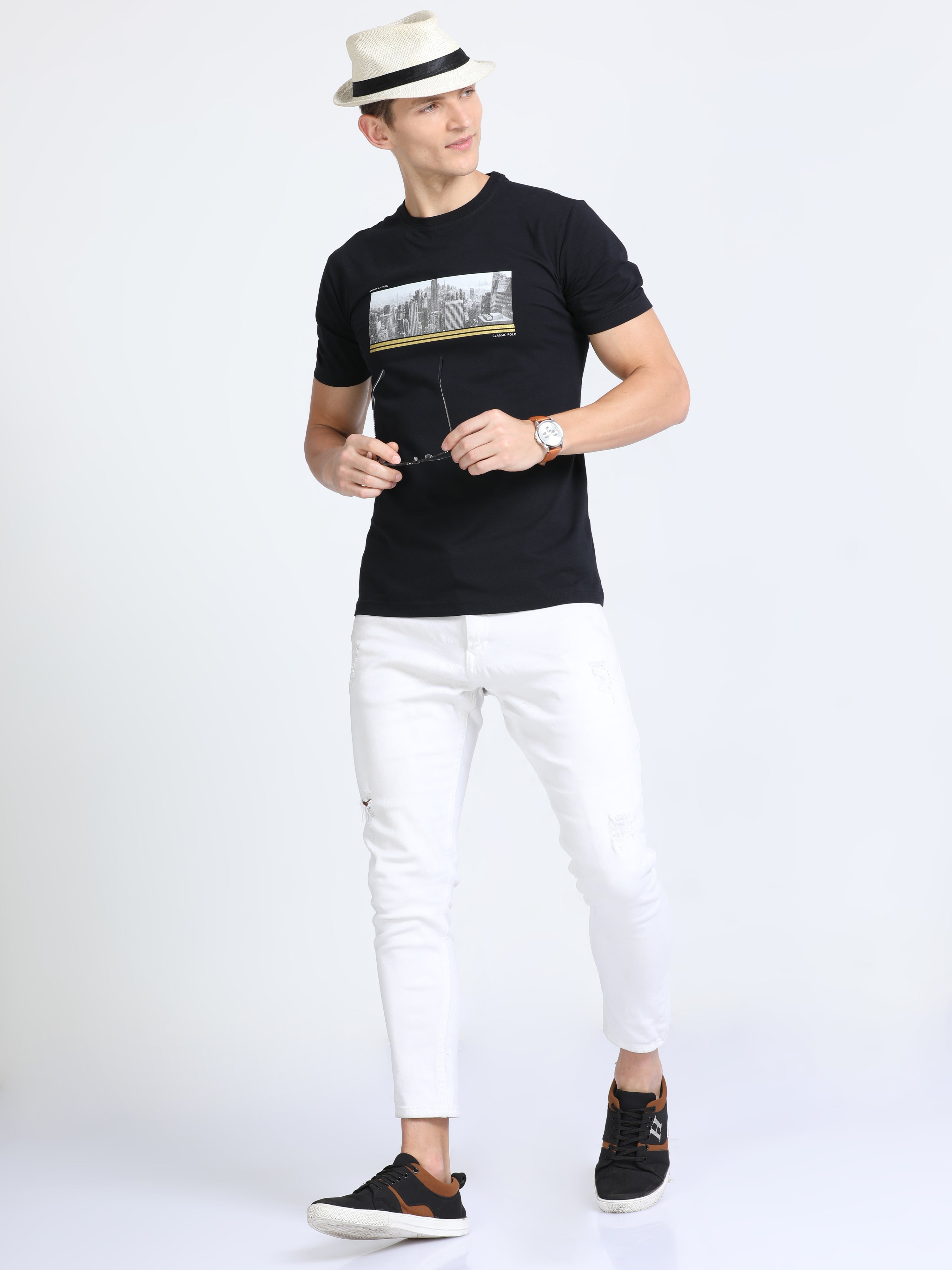 Classic Polo Mens Cotton Half Sleeves Printed Slim Fit Crew Neck Black Color T-Shirt | Baleno - 553 A Sf C
