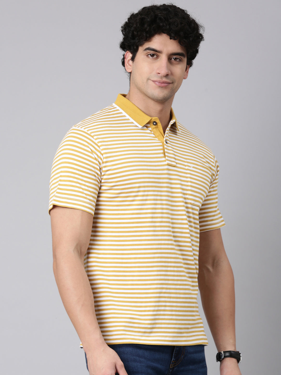 Classic Polo Men's Half Sleeve Yellow/White Polo Neck Authentic Fit Striped Cotton Blend T-Shirt | FEEDERS - 304 B AF P