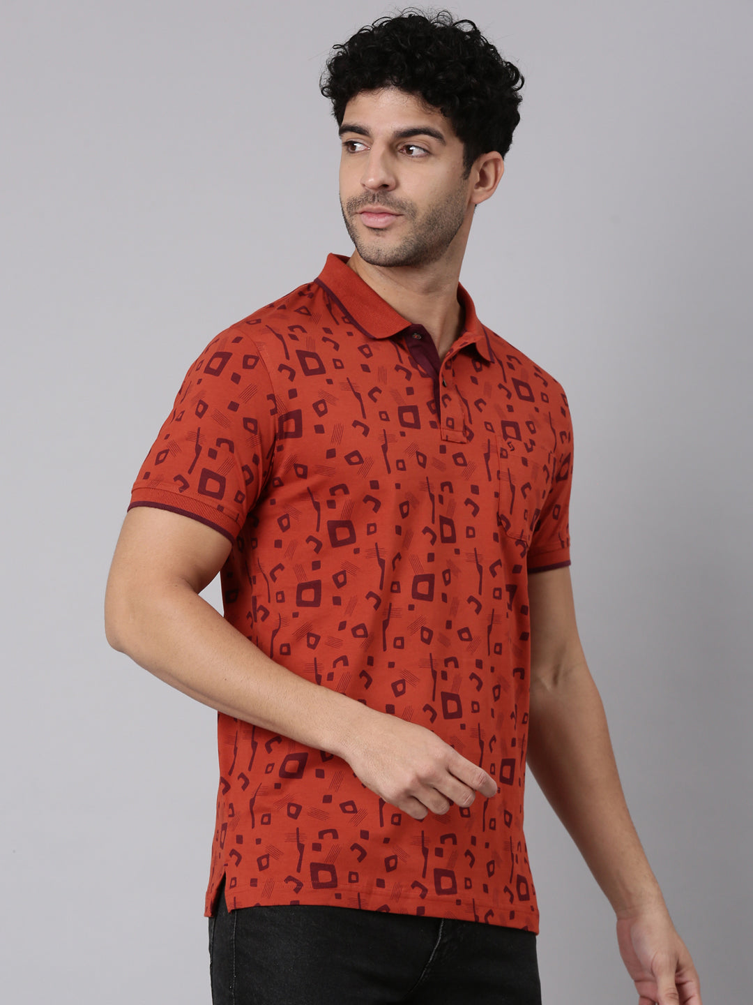 Classic Polo Men's Half Sleeve Rust Polo Neck Slim Fit All-Over Print Cotton T-Shirt | BELLO - 404 B SF P