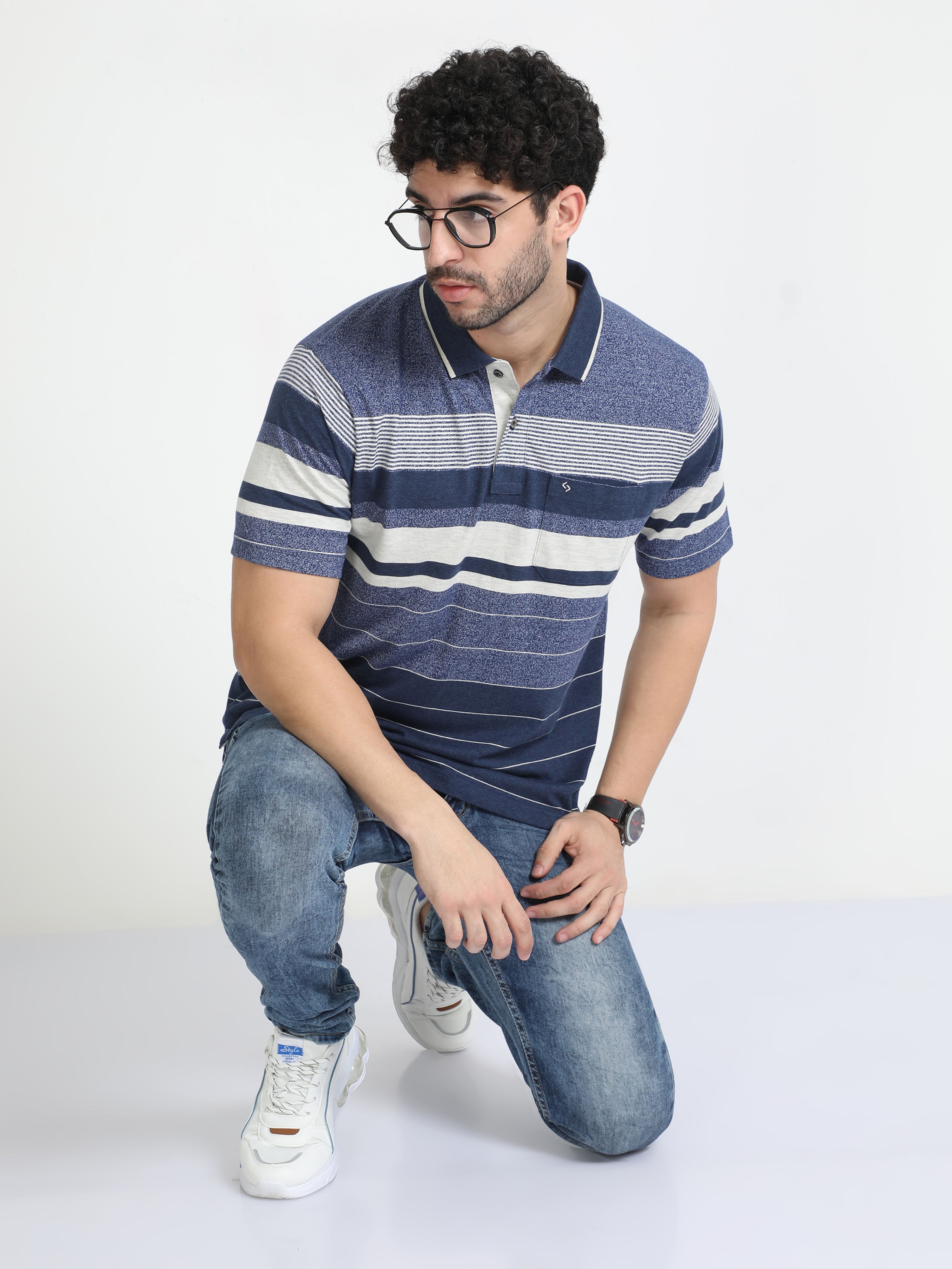 Classic Polo Mens Cotton Half Sleeves Striped Authentic Fit Polo Neck Blue Color T-Shirt | Mel - 245 A Af P