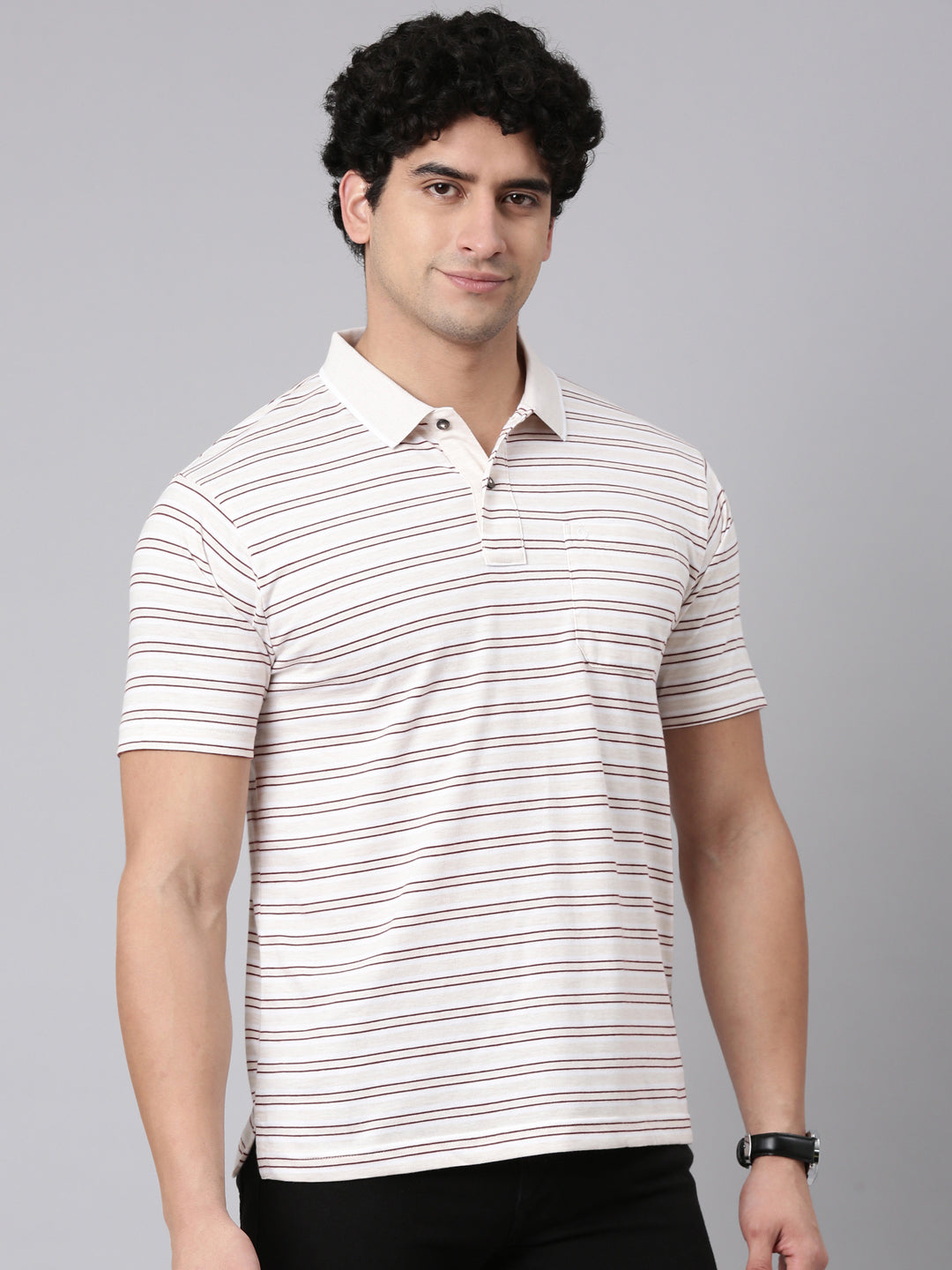 Classic Polo Men's Half Sleeve White Polo Neck Authentic Fit Striped Cotton Blend T-Shirt | FEEDERS - 312 A AF P