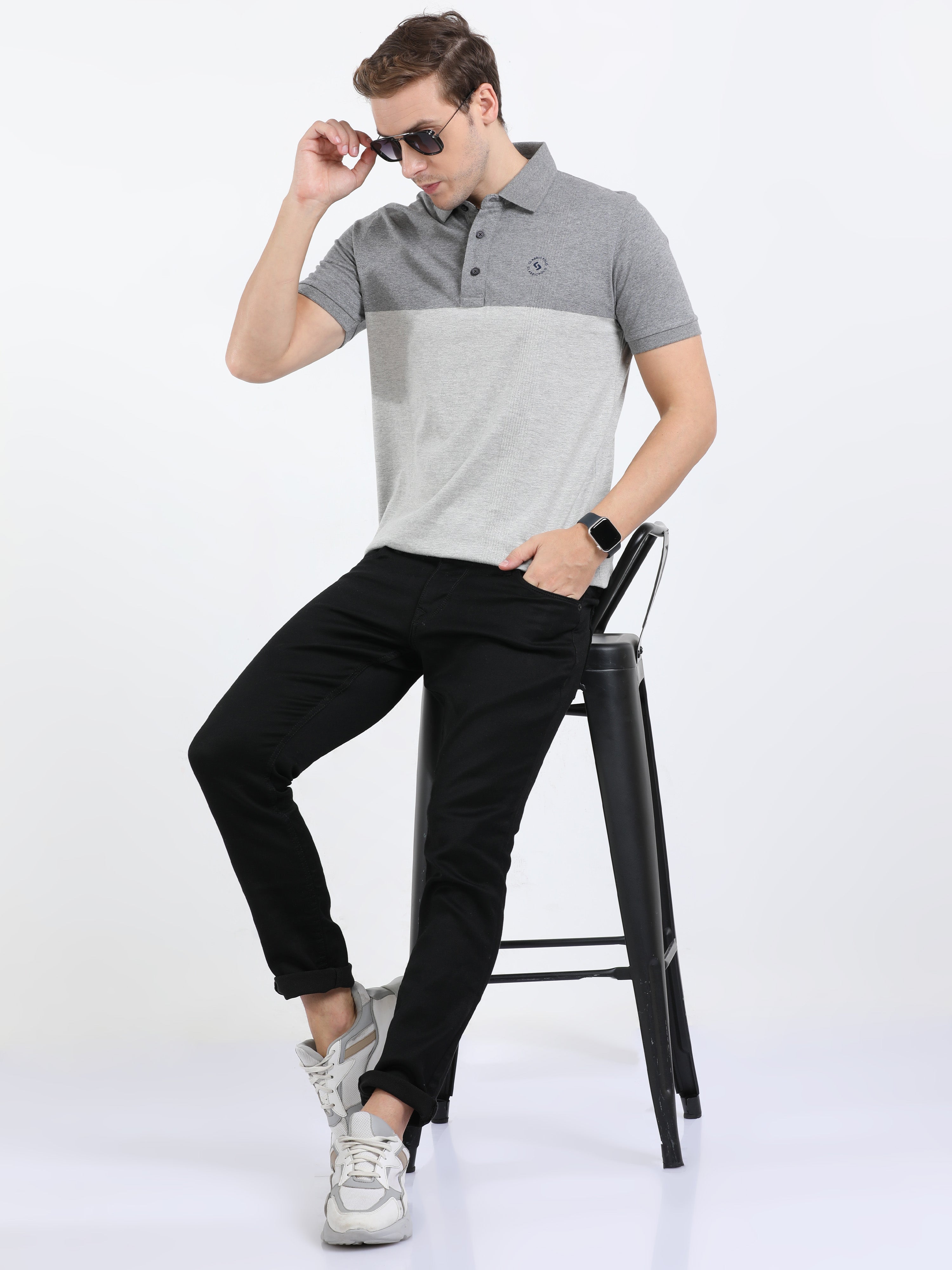 Classic Polo Mens Cotton Half Sleeves Color Blocked Slim Fit Polo Neck Grey Color T-Shirt | Prm - 775 B Sf P
