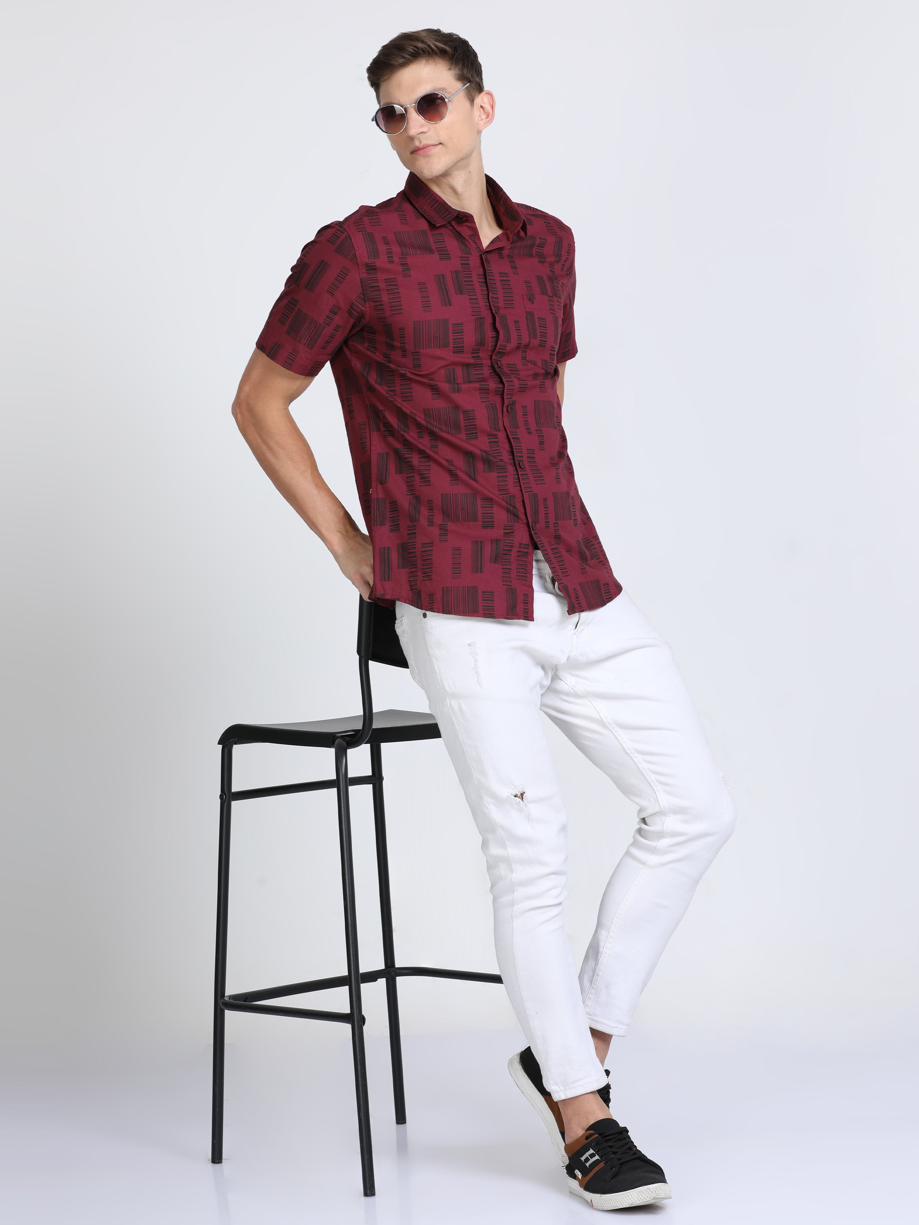 Classic Polo Mens Pure Cotton Half Sleeves Printed Slim Fit Polo Neck Maroon Color Woven Shirt | So2-162 A-Hs-Prt-Sf