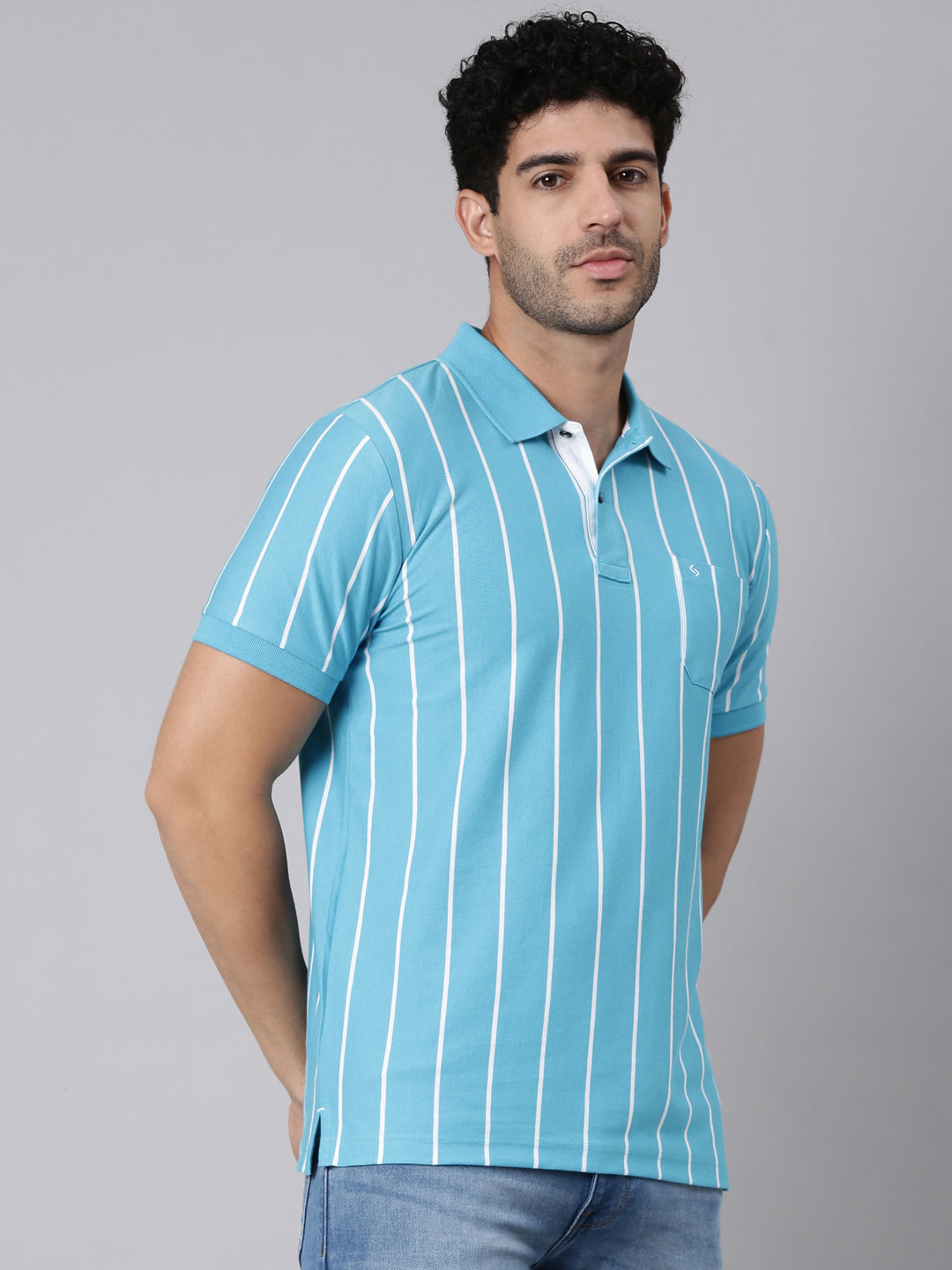 Classic Polo Men's Half Sleeve Turquoise Blue/White Polo Neck Slim Fit Striped Cotton Blend T-Shirt | VERTICS - 123 A SF P
