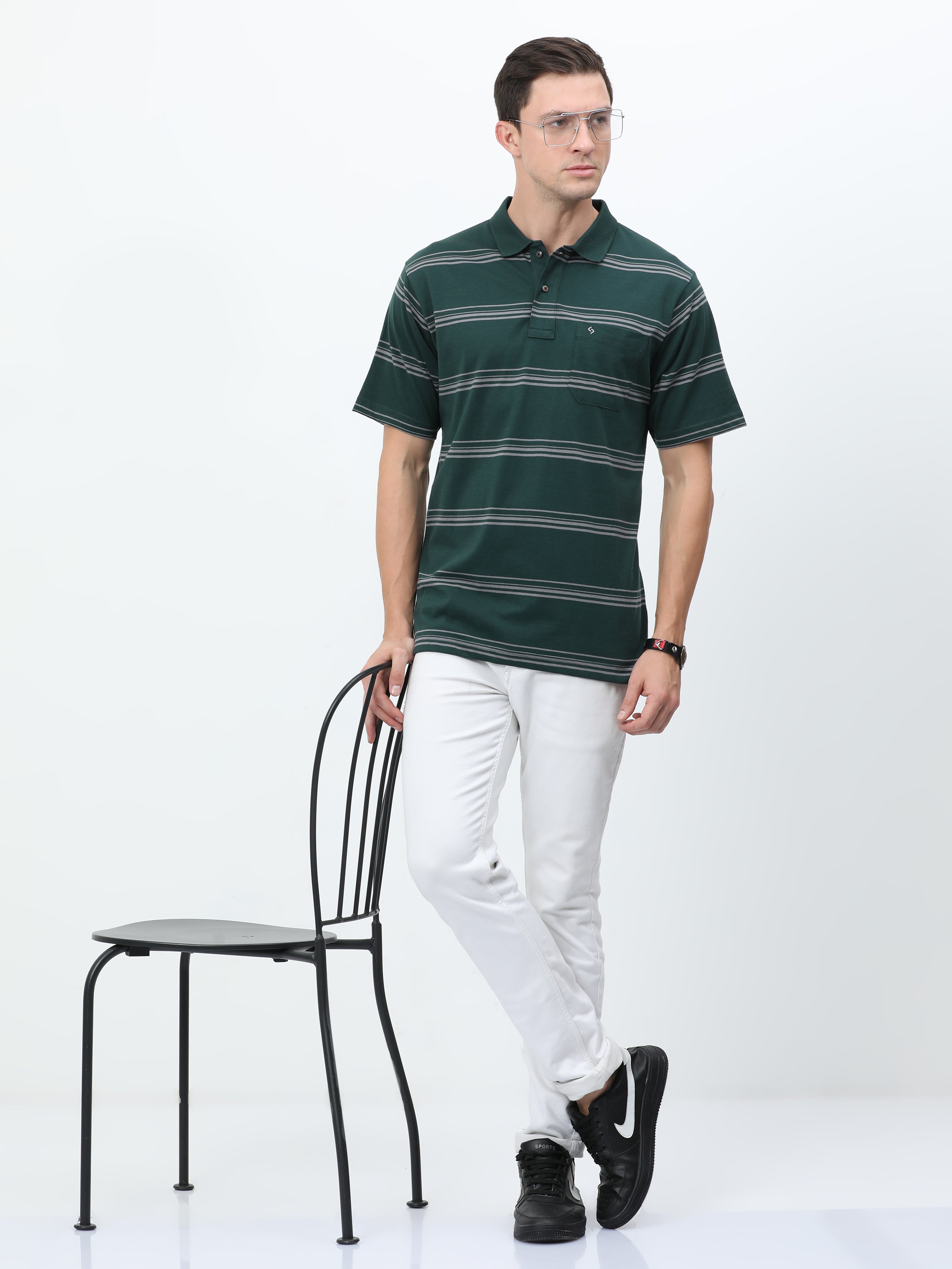 Classic Polo Mens Cotton Half Sleeves Striped Authentic Fit Polo Neck Dark Green Color T-Shirt | Avon - 540 B Af P