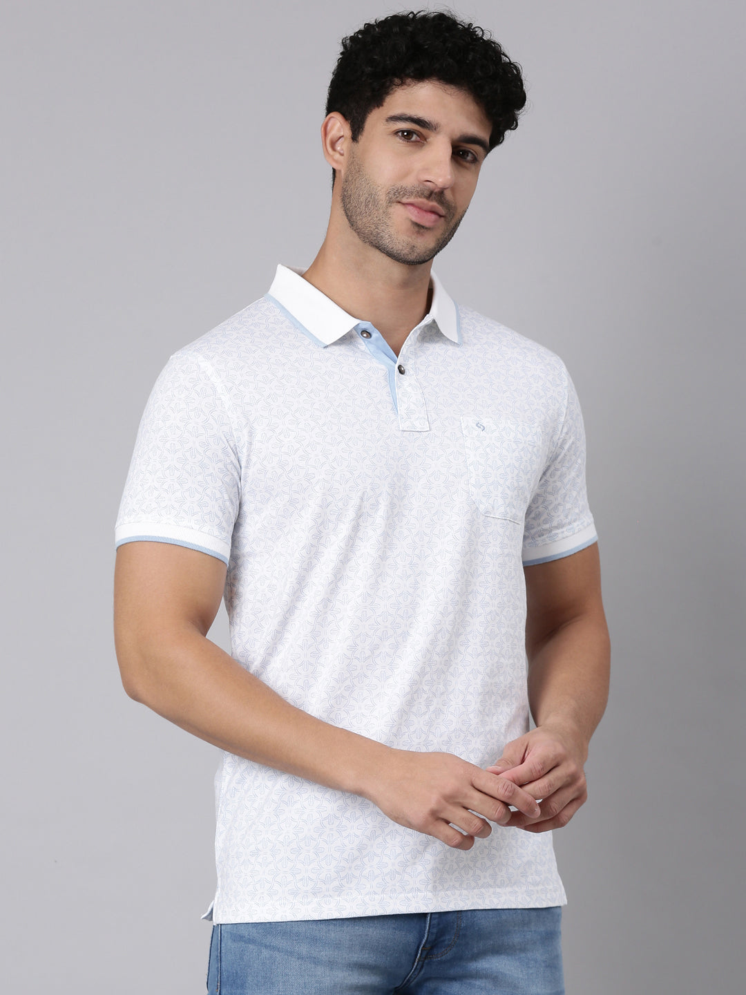 Classic Polo Men's Half Sleeve White Polo Neck Slim Fit All-Over Print Cotton T-Shirt | BELLO - 393 A SF P