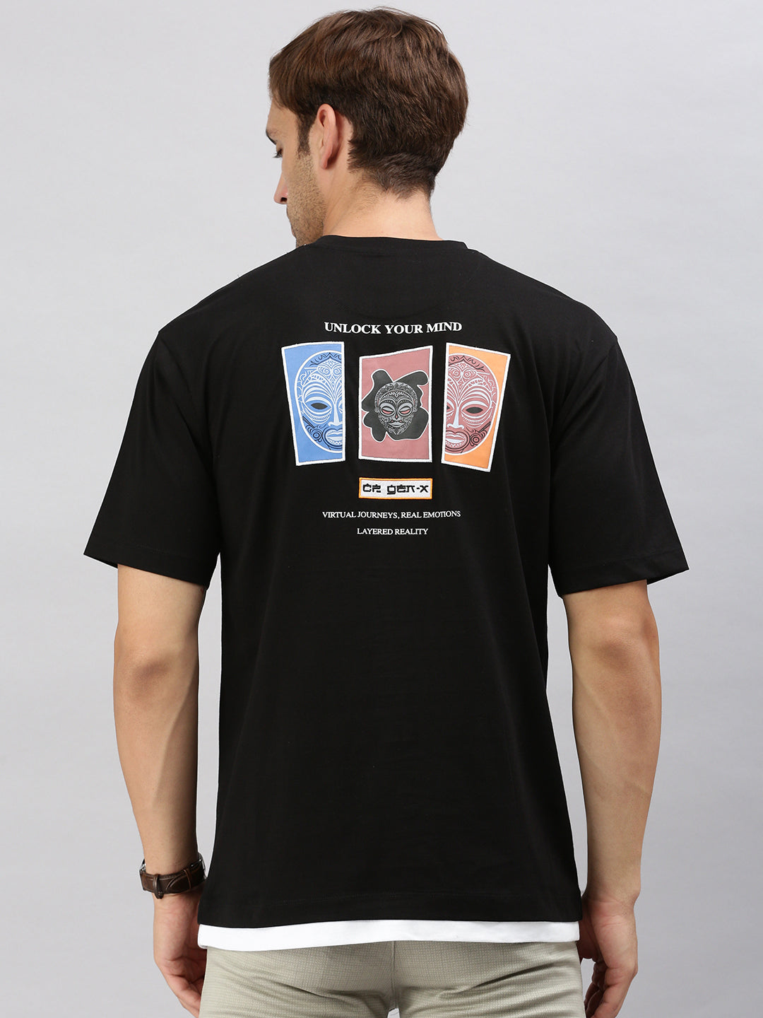 Classic Polo Men's Half Sleeve Black Crew Neck Slim Fit Printed Oversized T-Shirt | GENX-CREW 53 B SF C