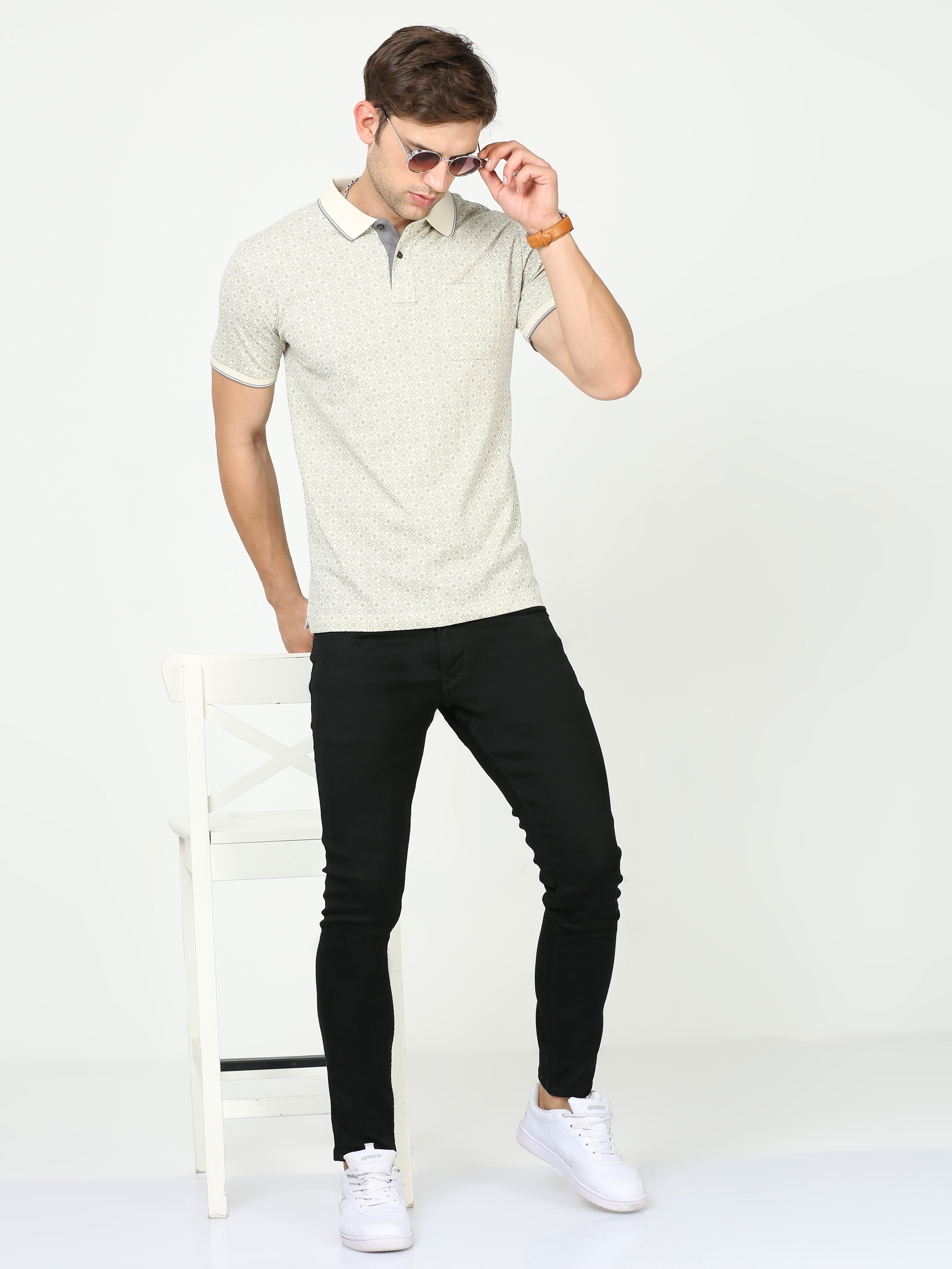 Classic Polo Mens Cotton Half Sleeves Floral Slim Fit Polo Neck Cream Color T-Shirt | Beau - 211 A Sf P