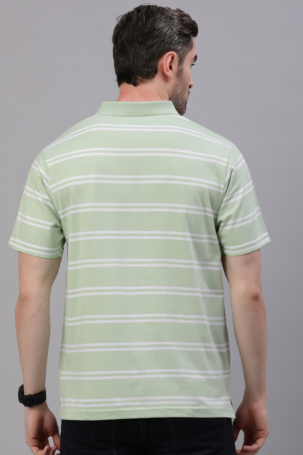 Classic Polo Men's Half Sleeve Green/White Polo Neck Authentic Fit Striped T-Shirt