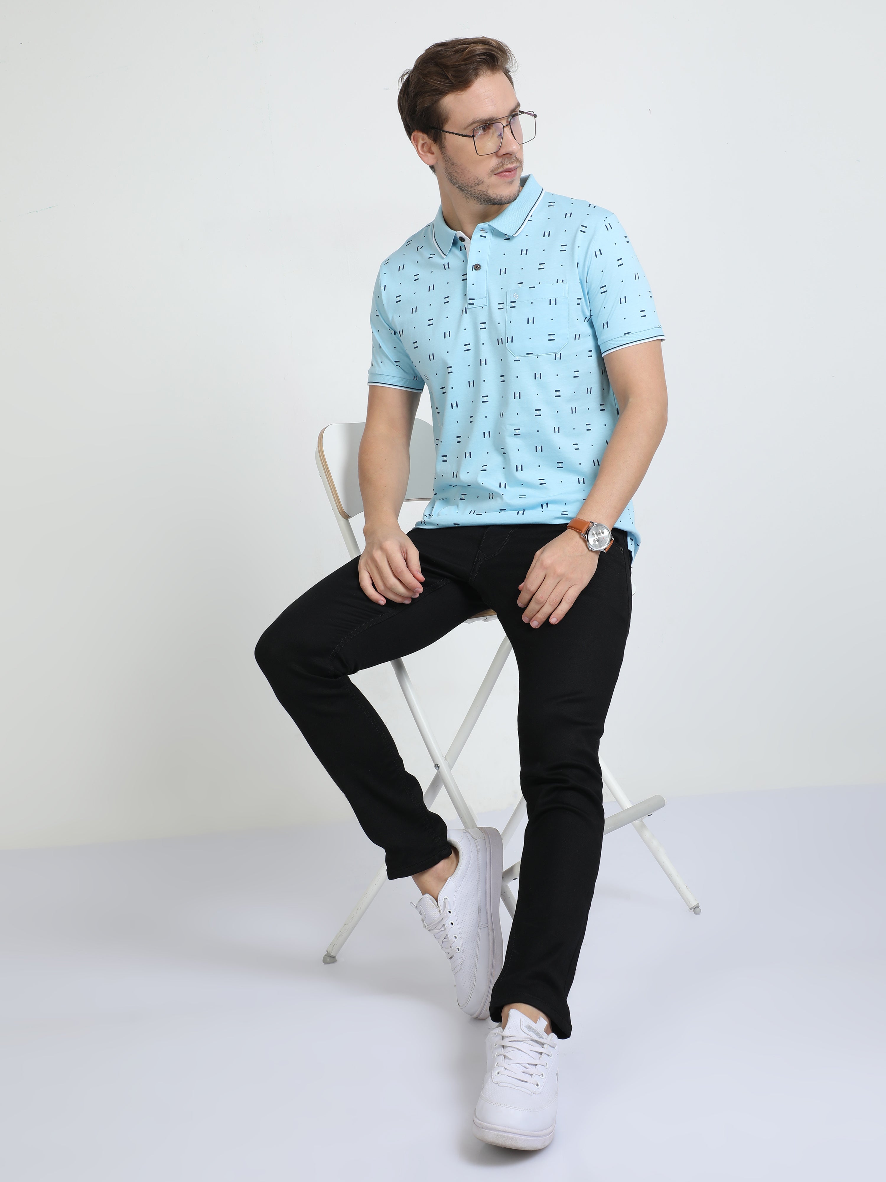 Classic Polo Mens Cotton Half Sleeves Printed Slim Fit Polo Neck Blue Color T-Shirt | Bello - 218 B Sf P