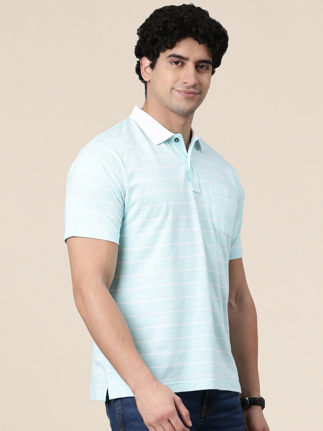 Classic Polo Men's Half Sleeve Light Blue/White Polo Neck Authentic Fit Striped Cotton Blend T-Shirt | AVON - 662 A AF P