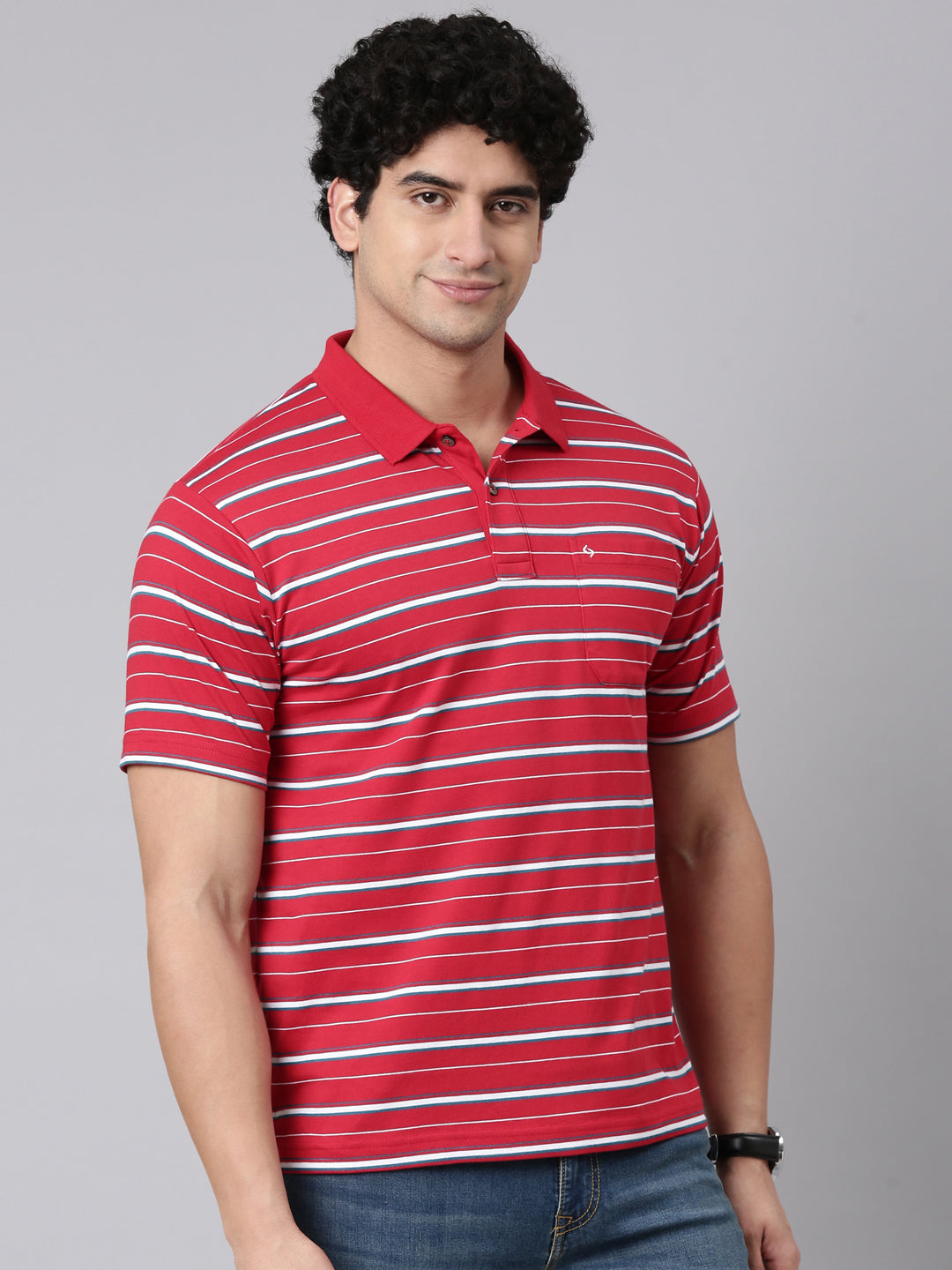Classic Polo Men's Half Sleeve Red/White Polo Neck Authentic Fit Striped Cotton Blend T-Shirt | FEEDERS - 307 B AF P