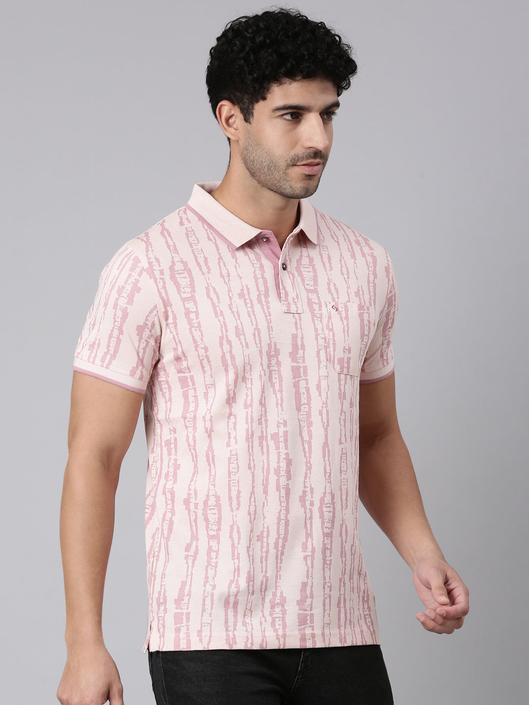 Classic Polo Men's Half Sleeve Peach/Pink Polo Neck Slim Fit All-Over Print Cotton T-Shirt | BEAU - 304 B SF P